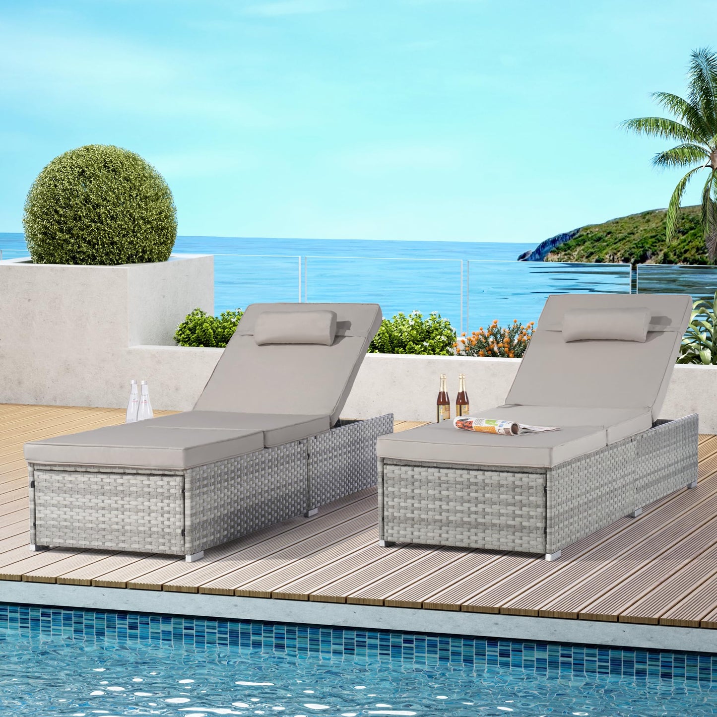 YOPTO Outdoor Chaise Lounge Chair Set of 2,Beach Rattan Recliners with 5-Position Adjustable Backrest and Table,Weatherproof Garden & Outdoor Furniture for Poolside,Light Gray