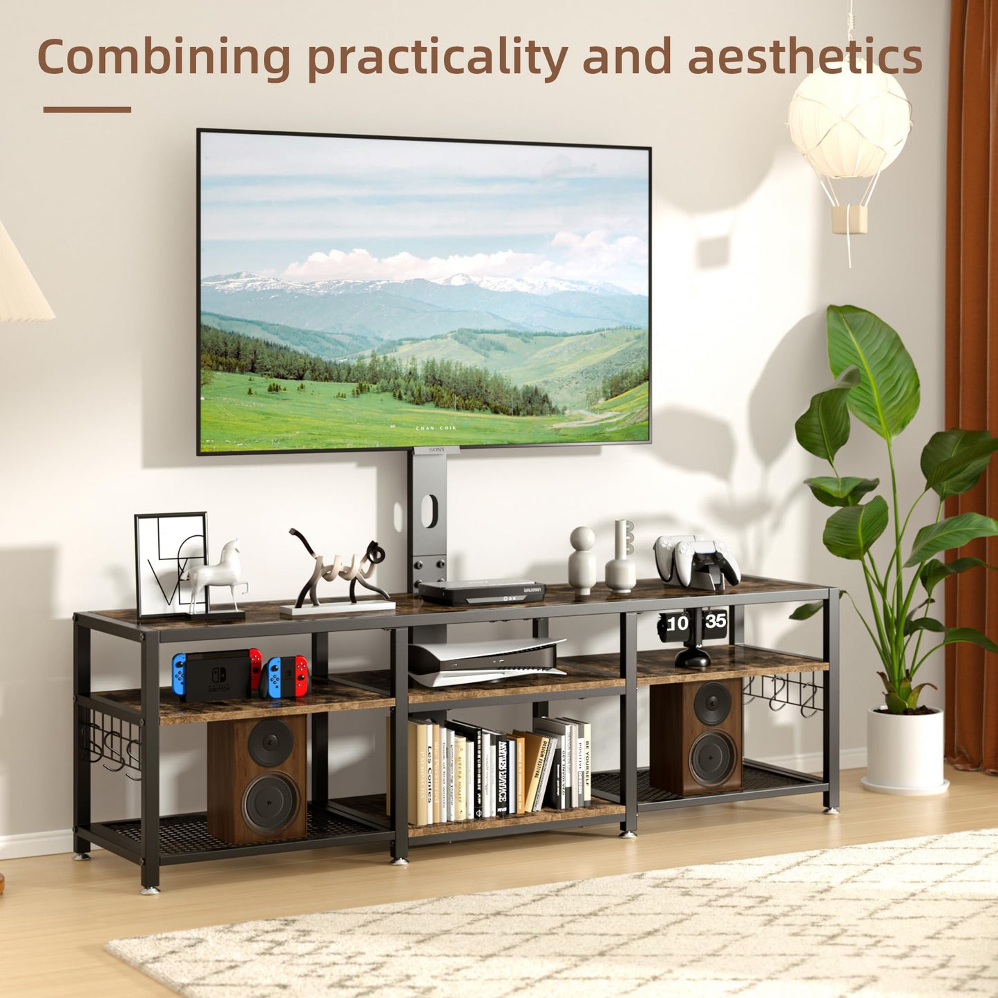 VECELO 63" TV Stand with Mount and Power Outlets, Entertainment Center Console with Open Storage Shelves, Height Adjustable Mount up to 75”, Wooden Table and Metal Frame for Living Room, Rustic Brown