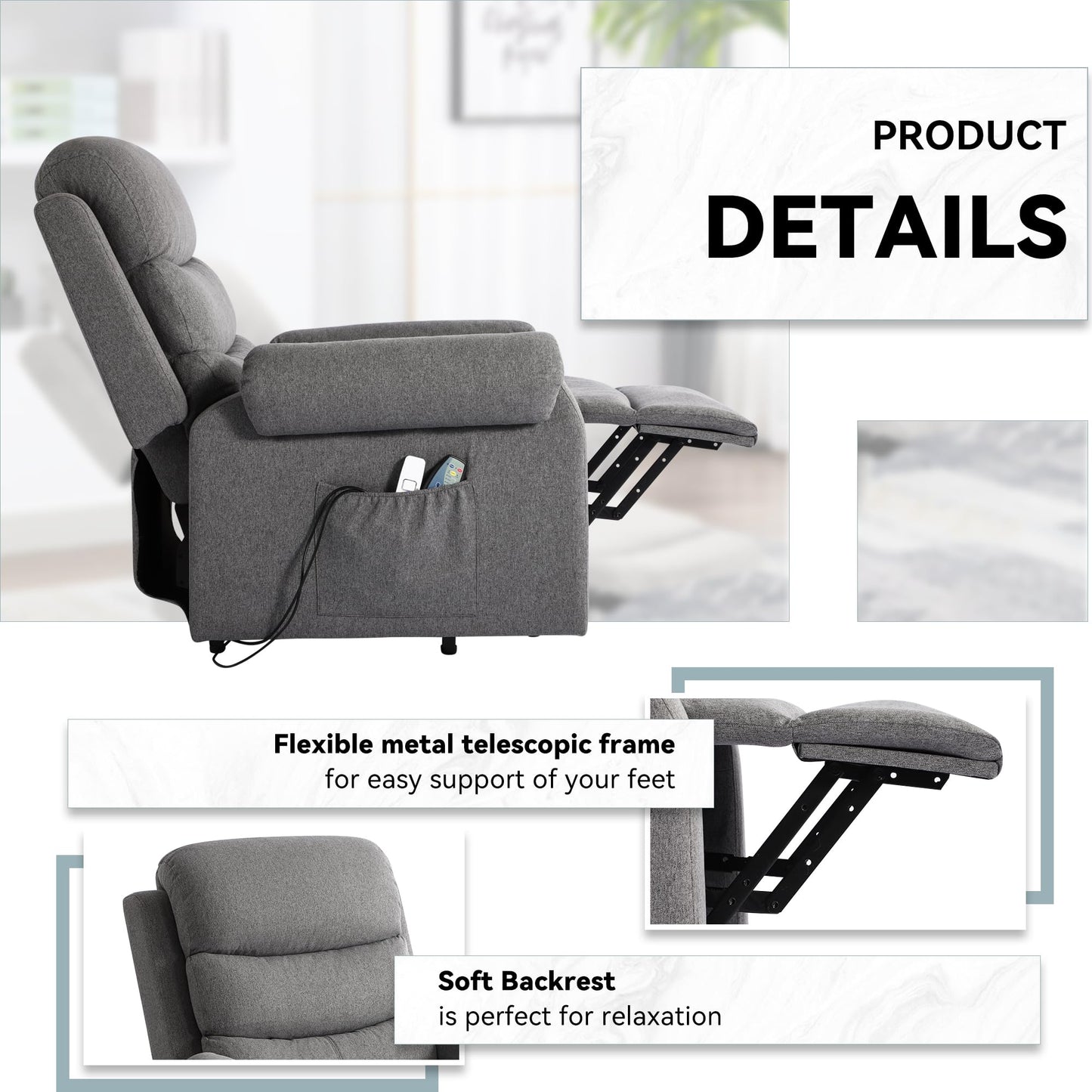 LOUVIXA Power Lift Recliner Chair Recliners for Elderly with Heat and Massage Recliner Chair for Living Room with Infinite Position and Side Pocket, USB Charge Port (Modern Grey)