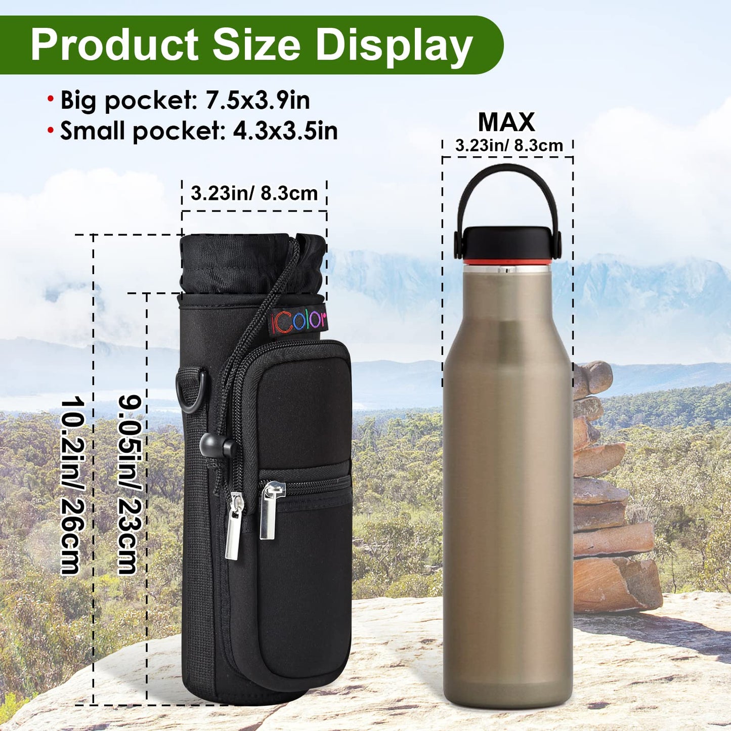 icolor Water Bottle Carrier Bag Holder 25/32/40/64oz,Adjustable Padded Shoulder & Handle Strap Sports Sling Hiking Pack,Insulated Neoprene Wide Mouth Bottle Sleeve
