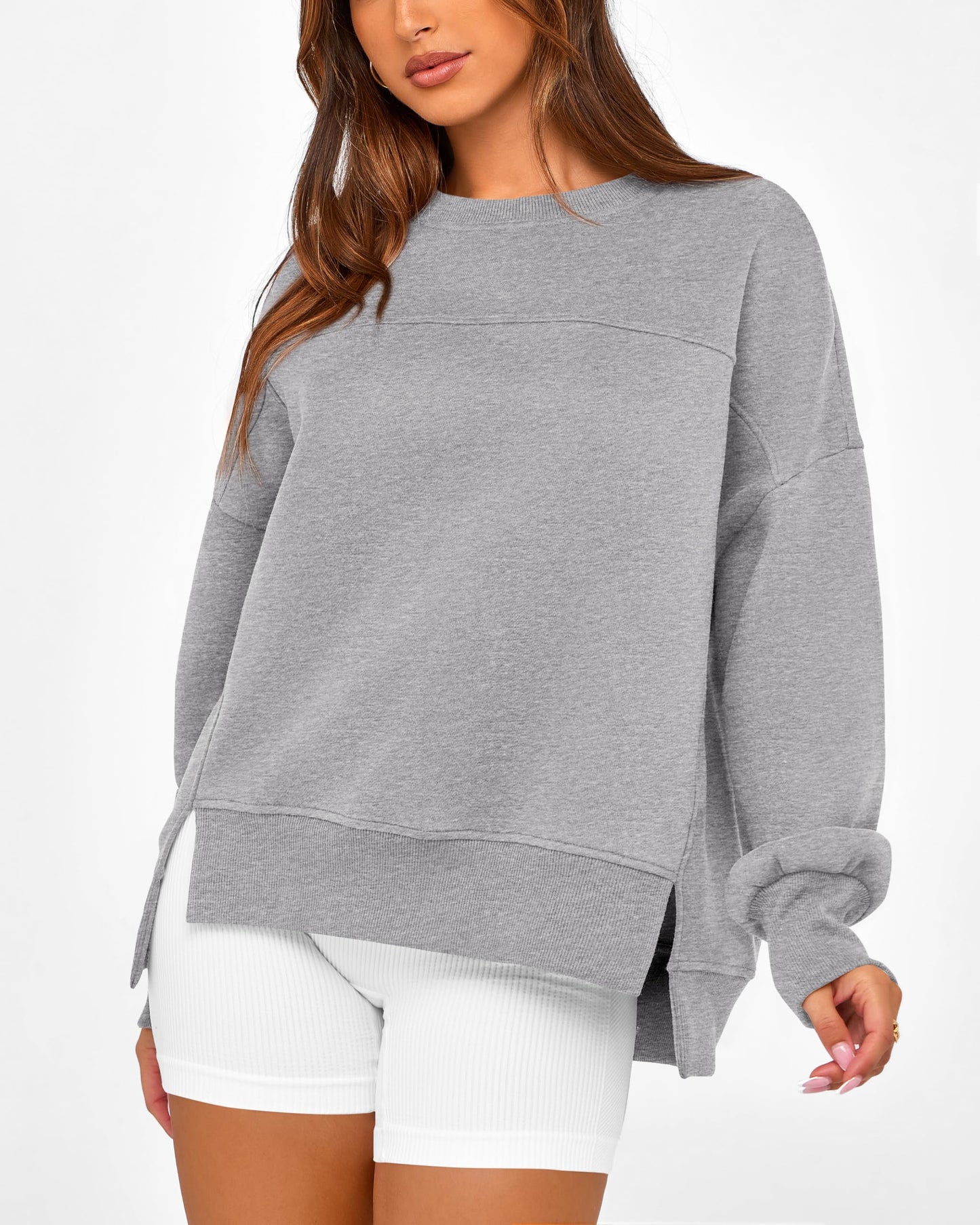 BTFBM Women's Casual Crewneck Sweatshirts 2024 Fall Winter Clothes Long Sleeve Side Slit Workout Fleece Pullover Tops(Grey, Medium)