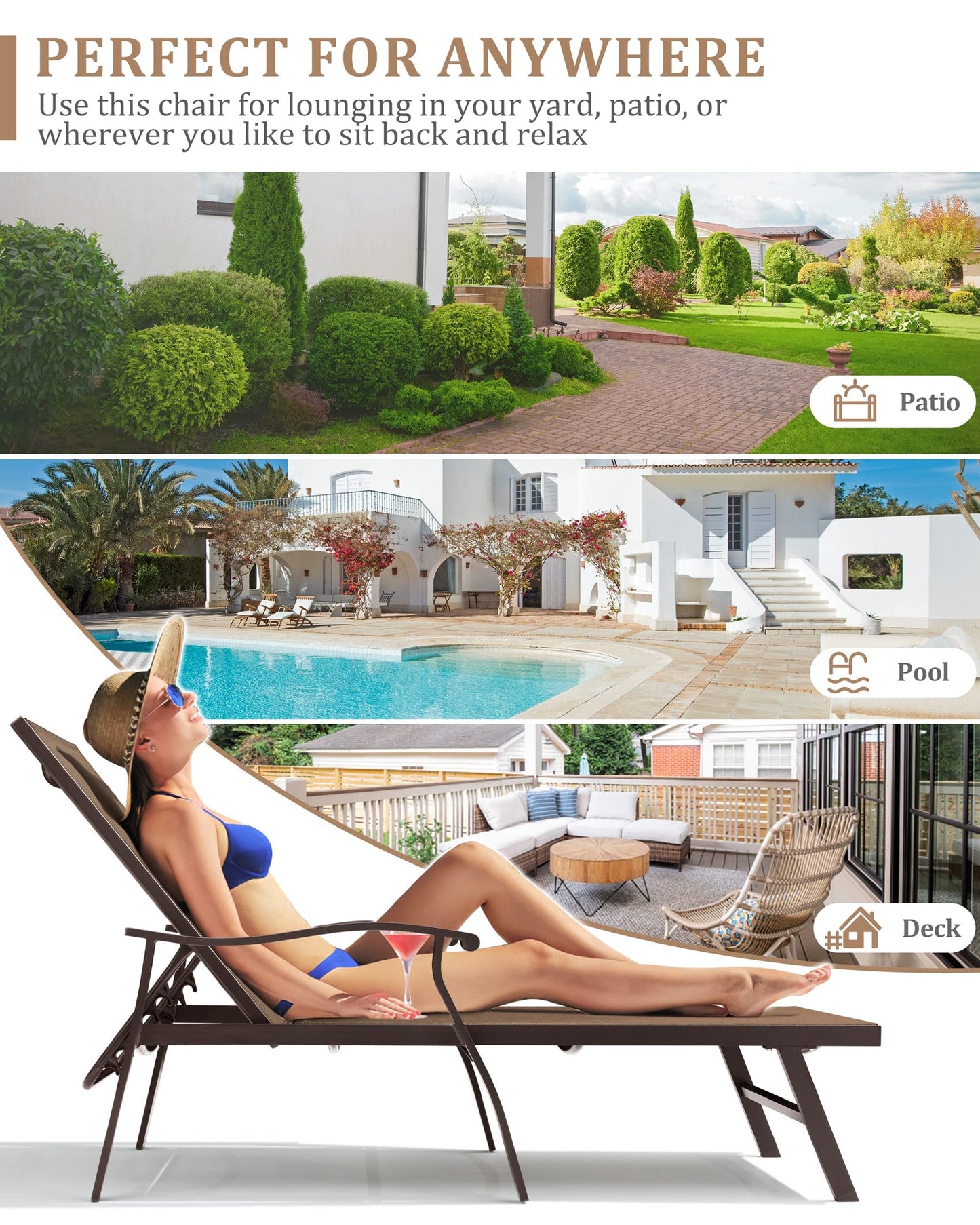 VredHom 2PCS Outdoor Chaise Lounge Chair, Patio Chaise 5 Position Adjustable Backrest Recliner Ergonomic Armrest All Weather Textiline Aluminum Chairs Set of 2 for Patio, Beach, Yard, Pool,Brown