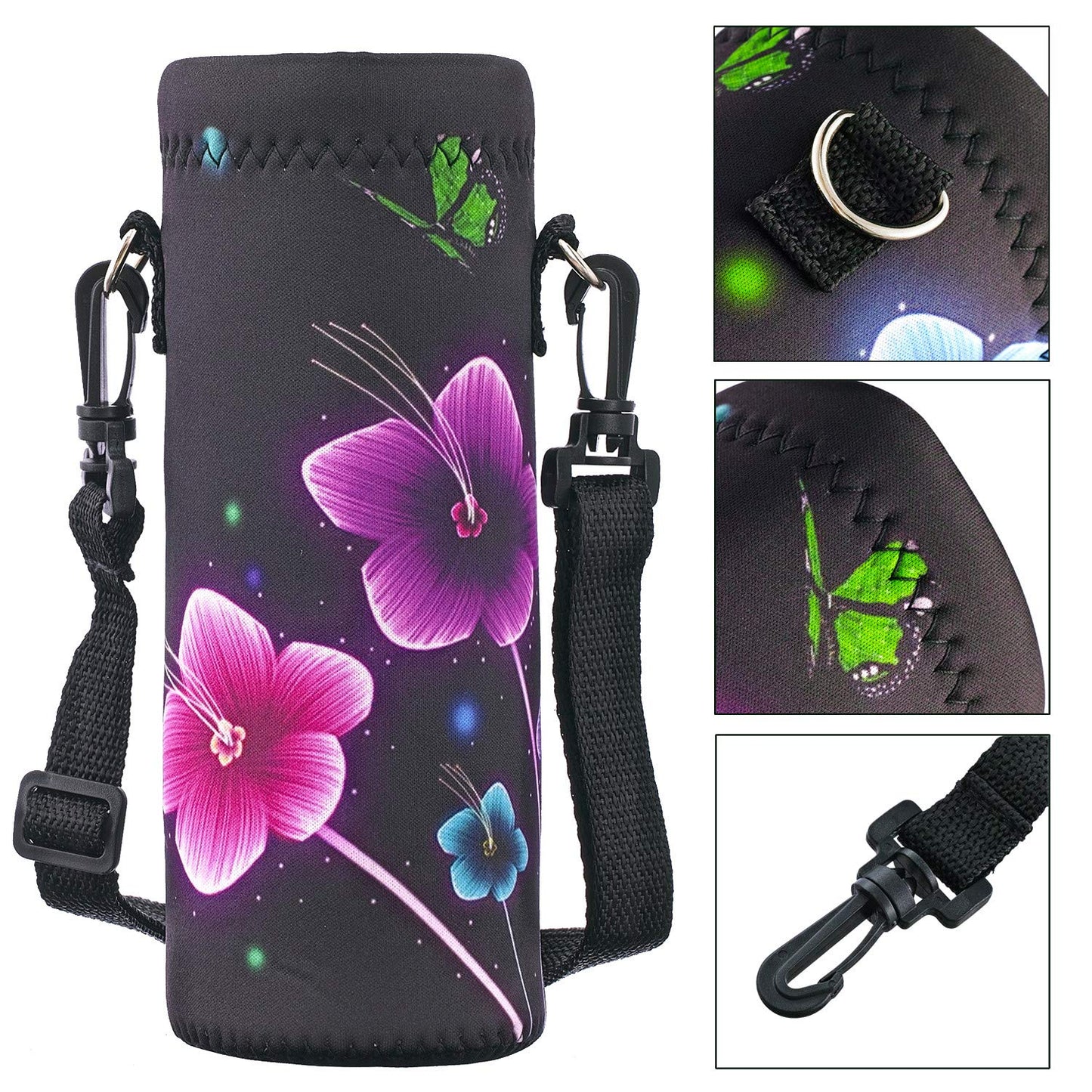 RICHEN Neoprene Water Bottle Carrier Bag with Adjustable Shoulder Strap,Insulated Water Bottle Cover for 500ml/16oz Stainless Steel/Glass/Plastic Bottles (Colorful Flowers,500ML)