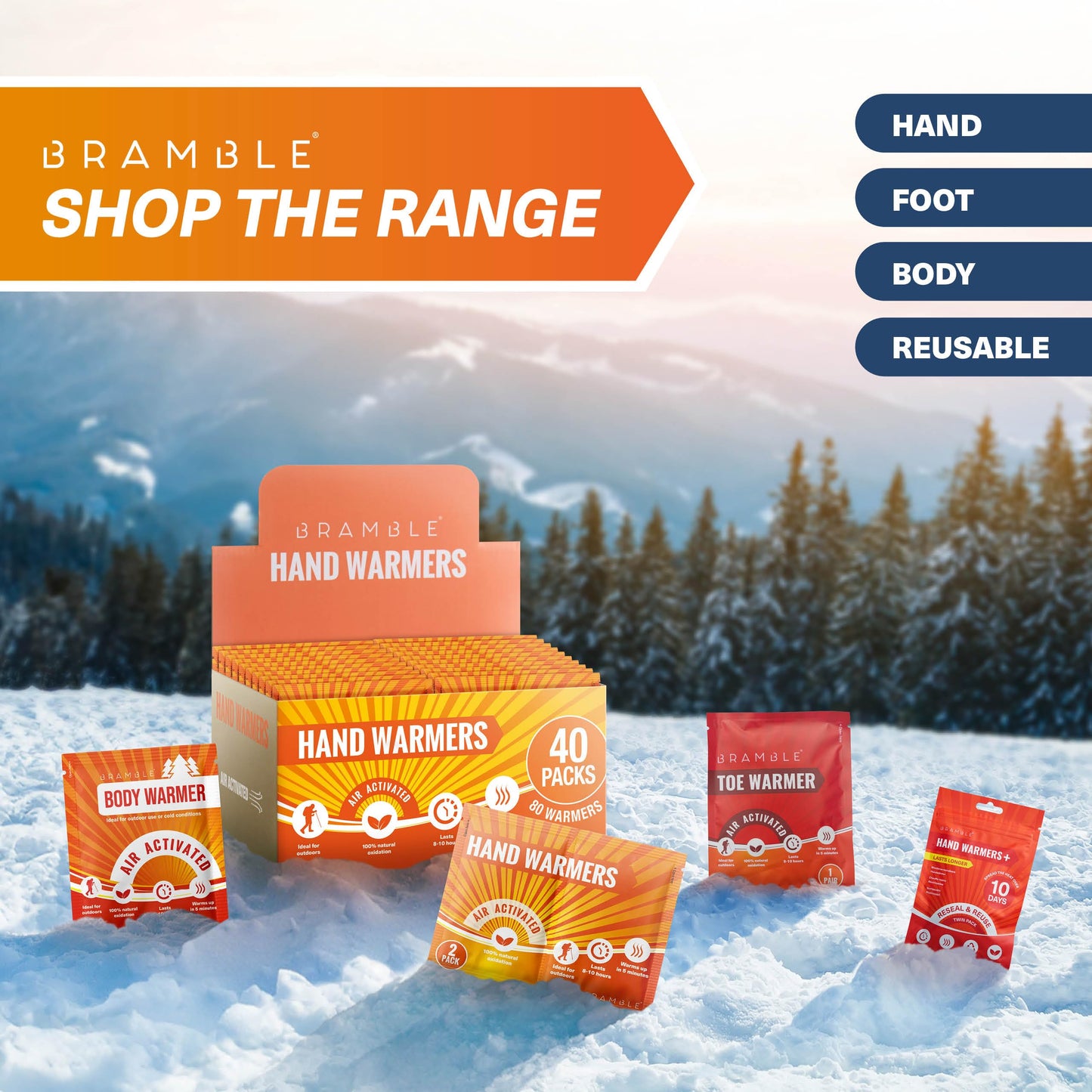 Bramble Hand Warmers Disposable - 20 Pack - Pocket Warmers for Hiking, Outdoor Activities, Skiing - 8 Hours of Heat