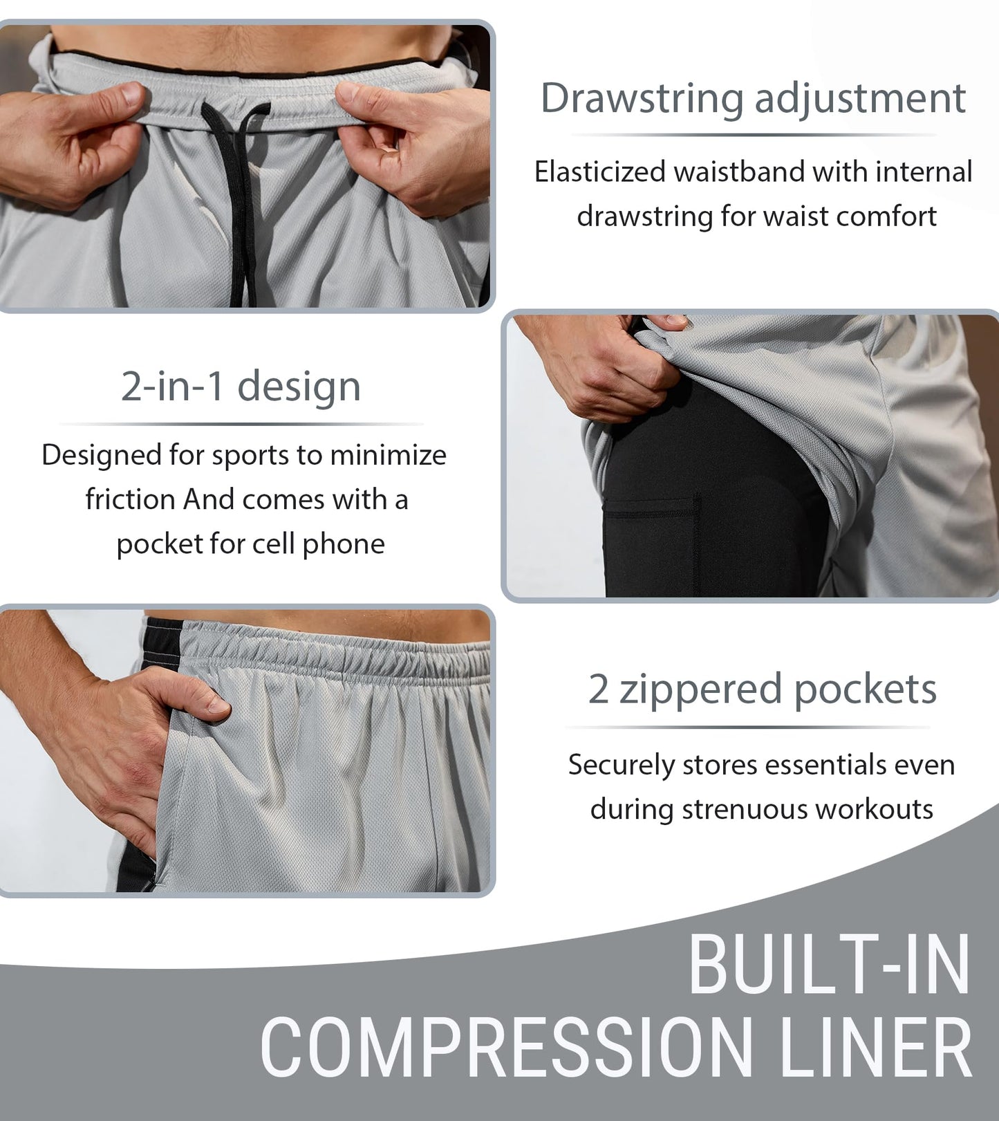 SILKWORLD Mens Running Shorts 3 Piece Quick Dry Workout Shorts Gym Shorts with Compression Liner, Black#3, Medium