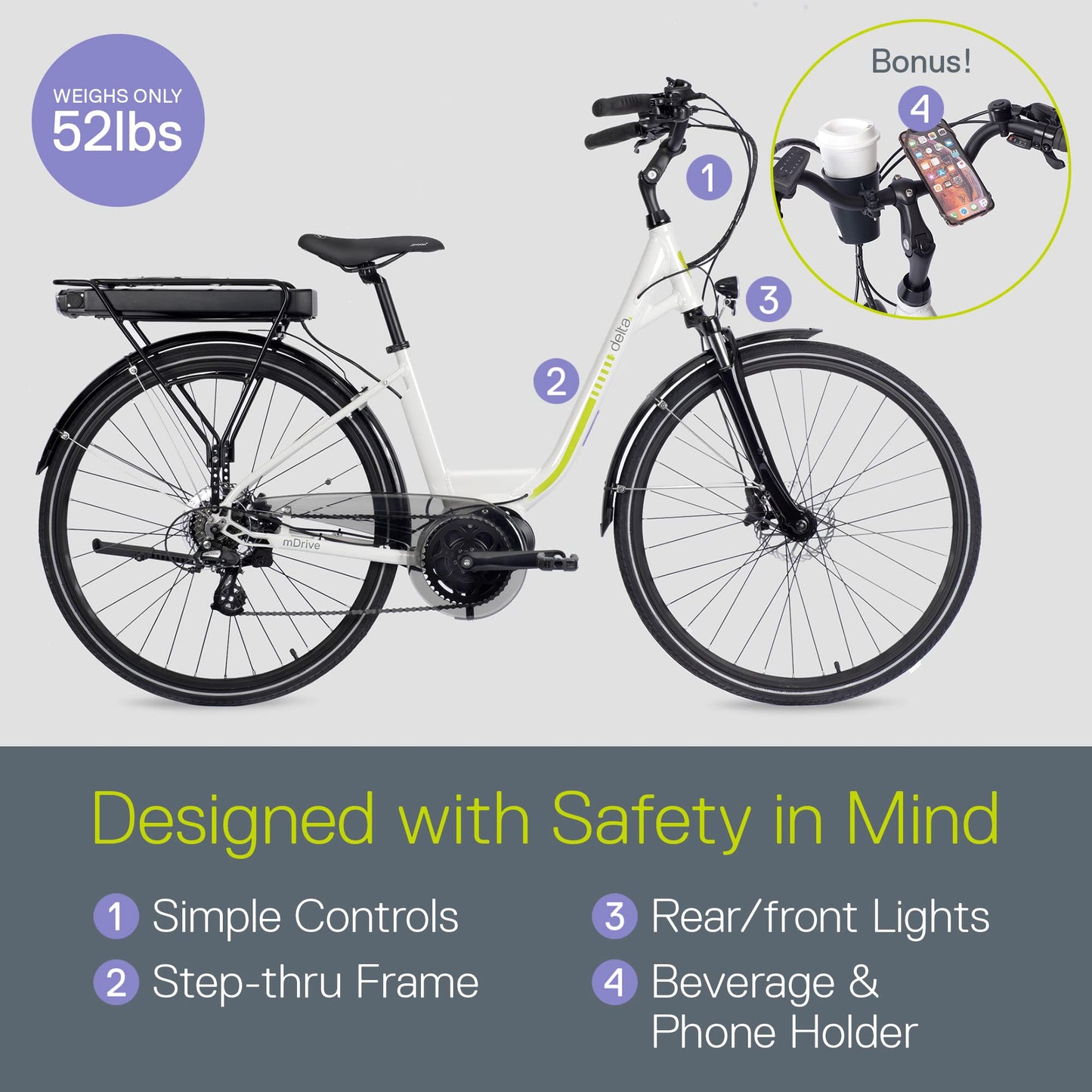 Electric Bike, Delta Cycle mDrive Ebike - 396Wh Lithium-Ion Battery, 55 Miles On Single Charge - 7 Speed Shimano Gear System, Front & Rear Disc Brakes - Safety Lights, Storage Rack & Kickstand