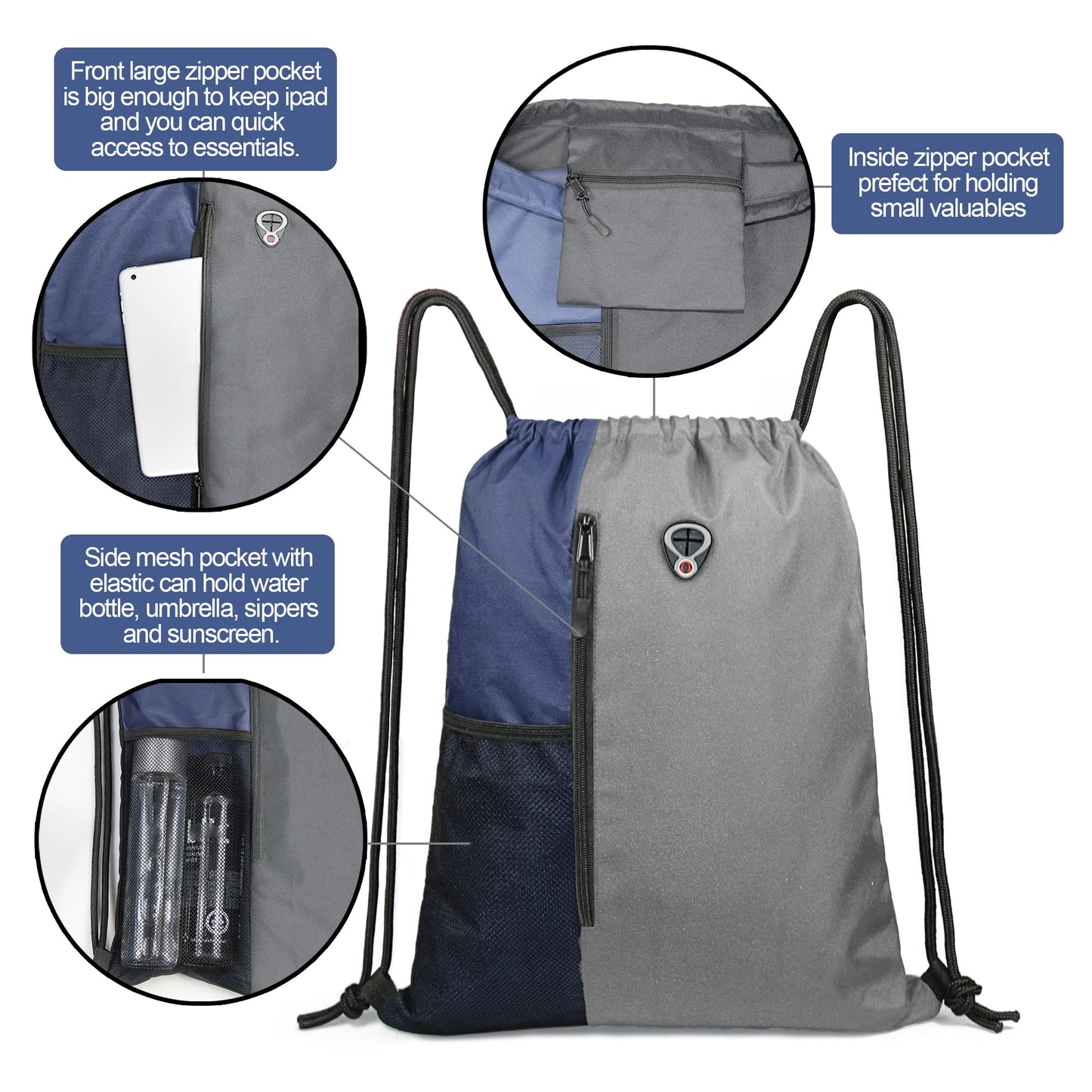 BeeGreen Grey Drawstring Backpack Sports Gym Bag For Women Men Large Draw String Bags Pack With Zipper and Water Bottle Mesh Pockets Workout Bag