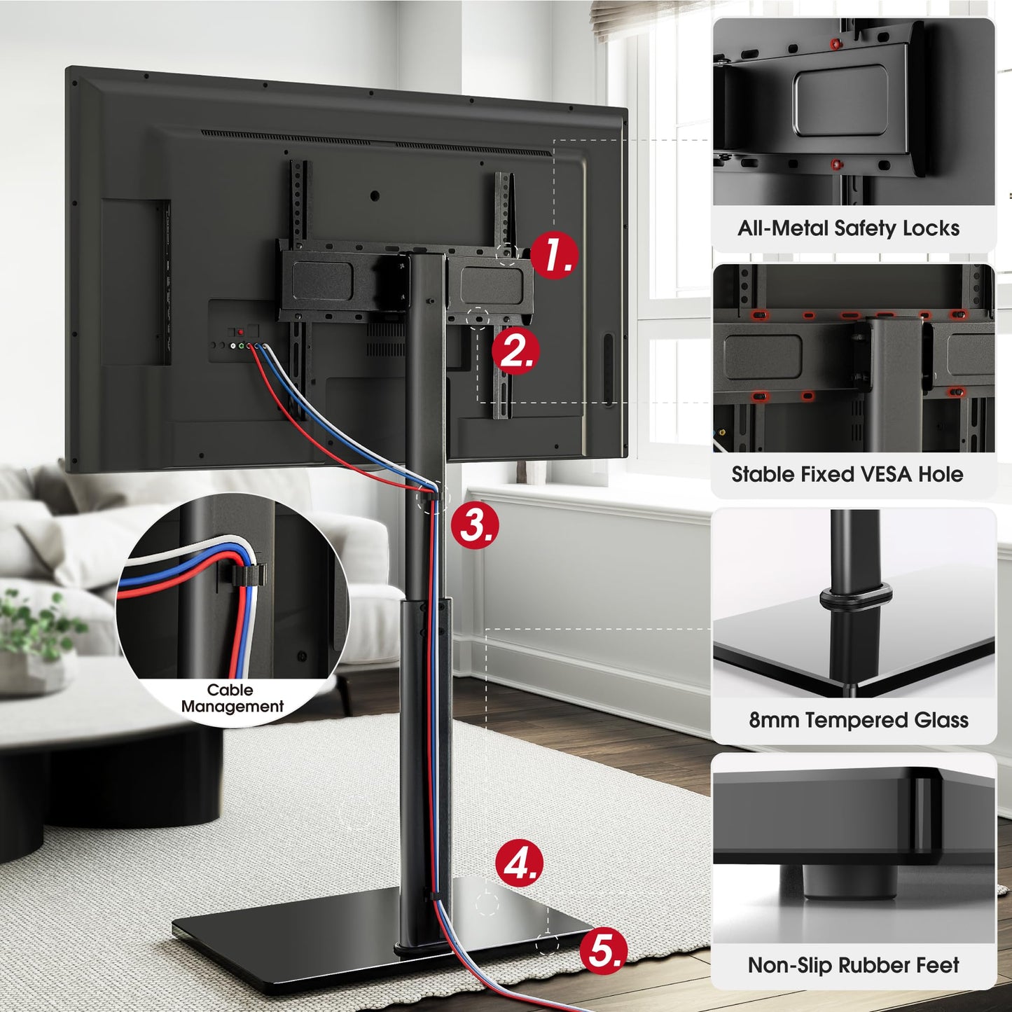 AOKCOS Swivel TV Floor Stand for 32-65 Inches TVs, 8 Level Height Adjustable Corner Small TV Stand Mount for Living Room/Bedroom, Holds up to 88 lbs,MAX VESA 400x400mm,Black