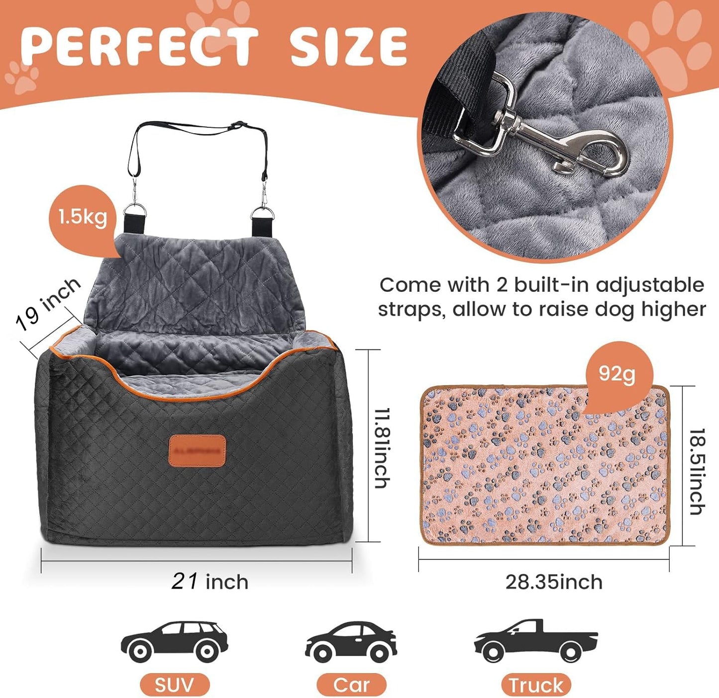 AlfaTok Memory Foam Booster Dog Car Seat with Washable Removable Cover, Elevated Pet Car Seat, Anti-Slip Sturdy Booster Seats for Small Dogs 35lbs, Seat Belt, Storage Pocket, Dog Blankets