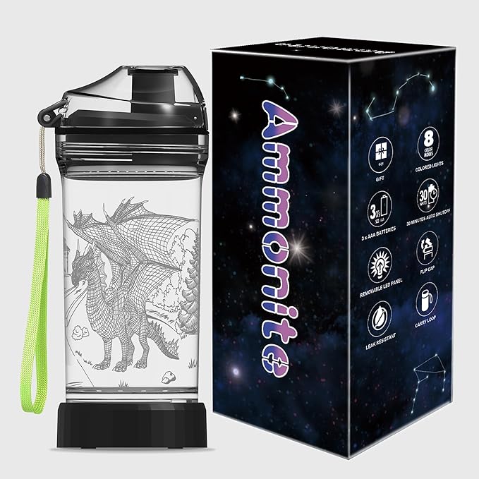 Ammonite Dragon Kids Water Bottle with 3D Glowing LED Light - 14 OZ Tritan BPA Free - Creative Ideal Travel Cup Gift for School Kid Boy Child Holiday Camping Picnic
