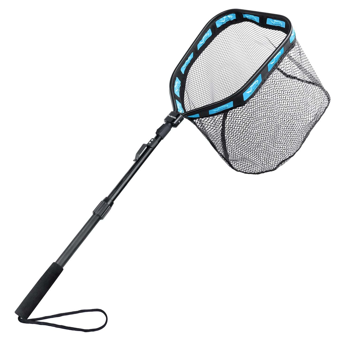 PLUSINNO Floating Fishing Net for Steelhead, Salmon, Fly, Kayak, Catfish, Bass, Trout Fishing, Rubber Coated Landing Net for Easy (19.7"/50cm Hoop Size Length 1.35M Blue (Telescopic Pole))