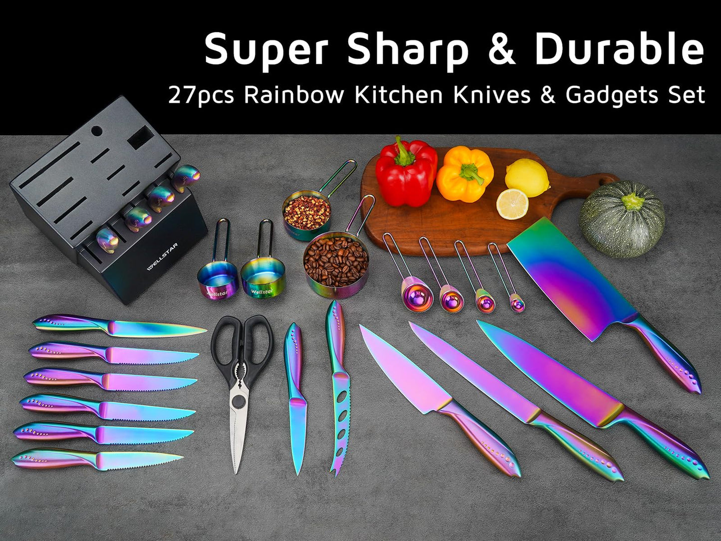 Rainbow Knife Block Set 27-Piece, Iridescent German Stainless Steel Kitchen Knives Set with Wooden Holder, Colorful Titanium Coating, Include Scissors and 2-Stage Built-in Sharpener and 8pcs Gadgets