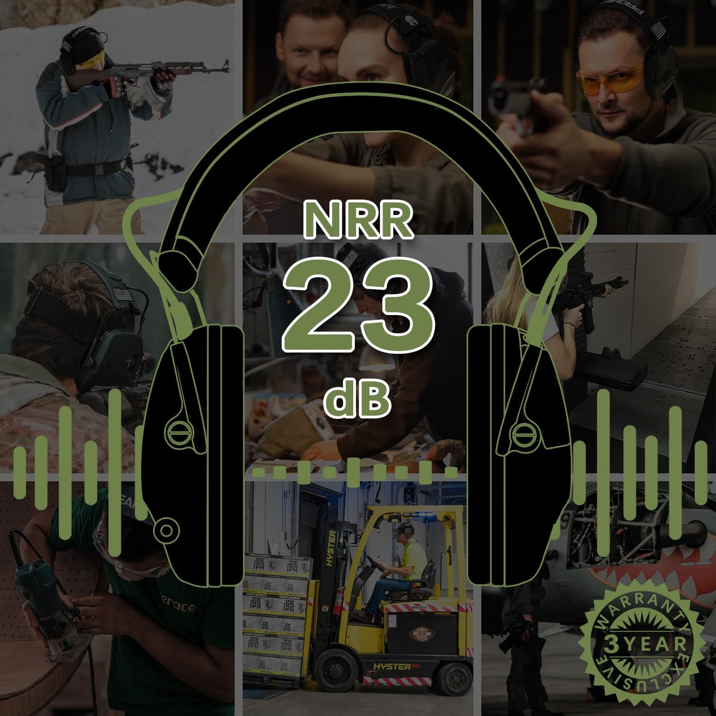PROHEAR 2 Pack Electronic Ear Protections for Shooting with 4X Sound Amplification, Gun Range Hearing Protection Muffs, NRR 23dB Noise Reduction Headphones for Hunting, Black and Green