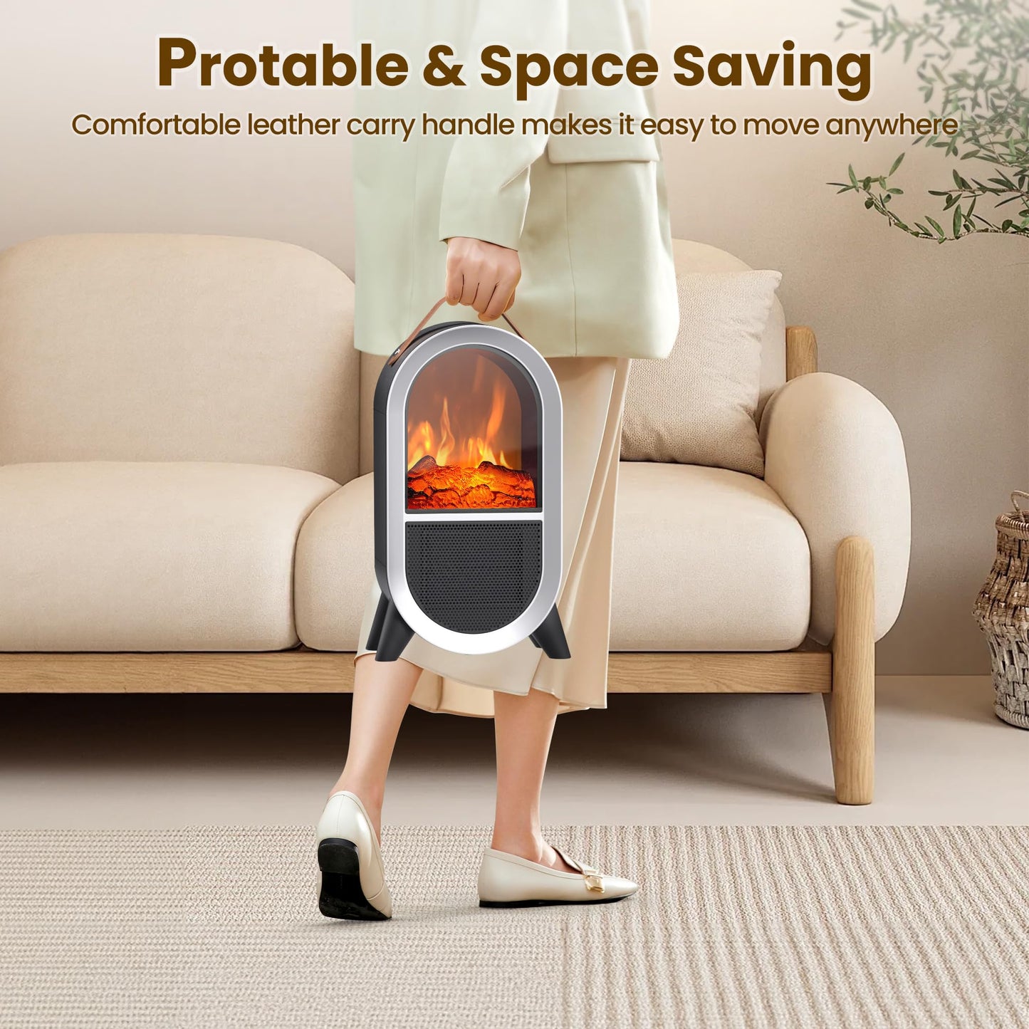 Riseon Small Space Heater for Indoor Use, 1500W/750W Portable Electric Fireplace Heater with 3D Flame, Ceramic Heating with Thermostat Overheat & Tipover Protection for Home Office Room Desk, Black
