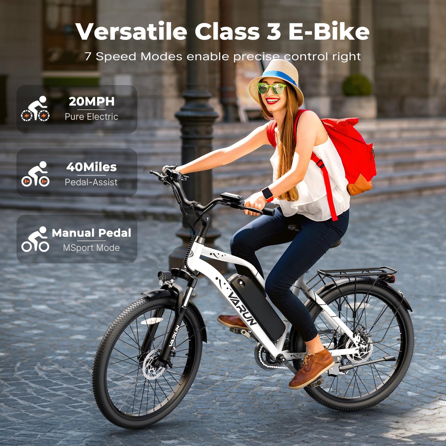 VARUN Electric Bike - 500W Electric Bicycle Up to 40Miles, 48V Removable Lithium Battery, Shock Absorber, 7-Speed and Dual Disc Brakes,Stylish 26" Cruiser E-Bike Suitable for Commuting