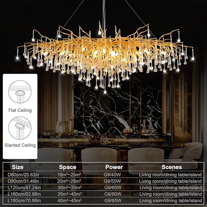 70.87 Inch Modern Gold Crystal Chandeliers, Large Branch Raindrop Chandelier,Rectangle Chandelier Lighting Fixture 19-Light for Foyer Entryway High Ceiling Dining Room, Living Room