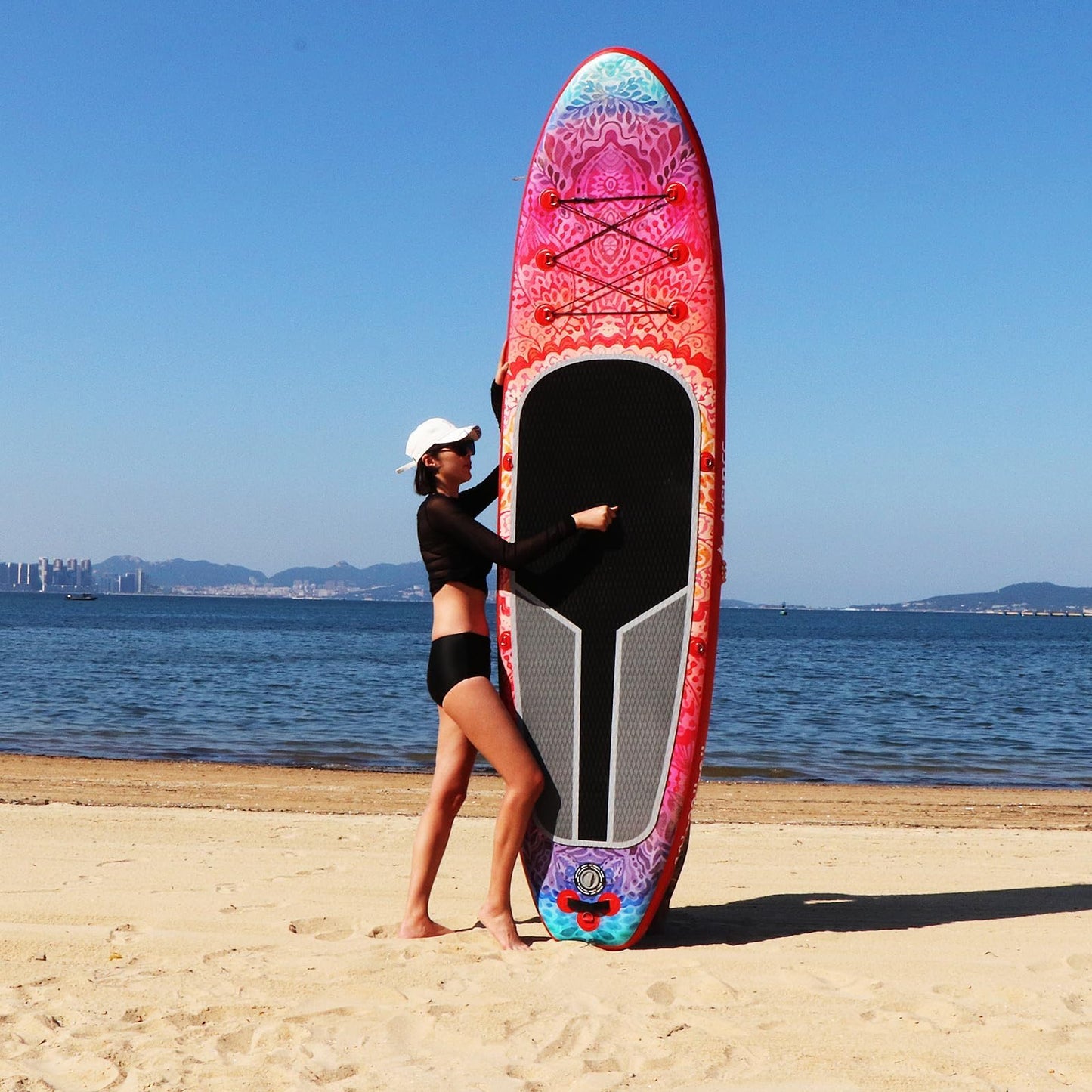 AISUNSS SUP Board 10.6Ft All Around Board Premium iSUP, Yoga Board with SUP Accessories Include Non-Slip mat, Waterproof Phone Bag, Double Action Pump, Adjustable Aluminum Paddle (Red Meditation)