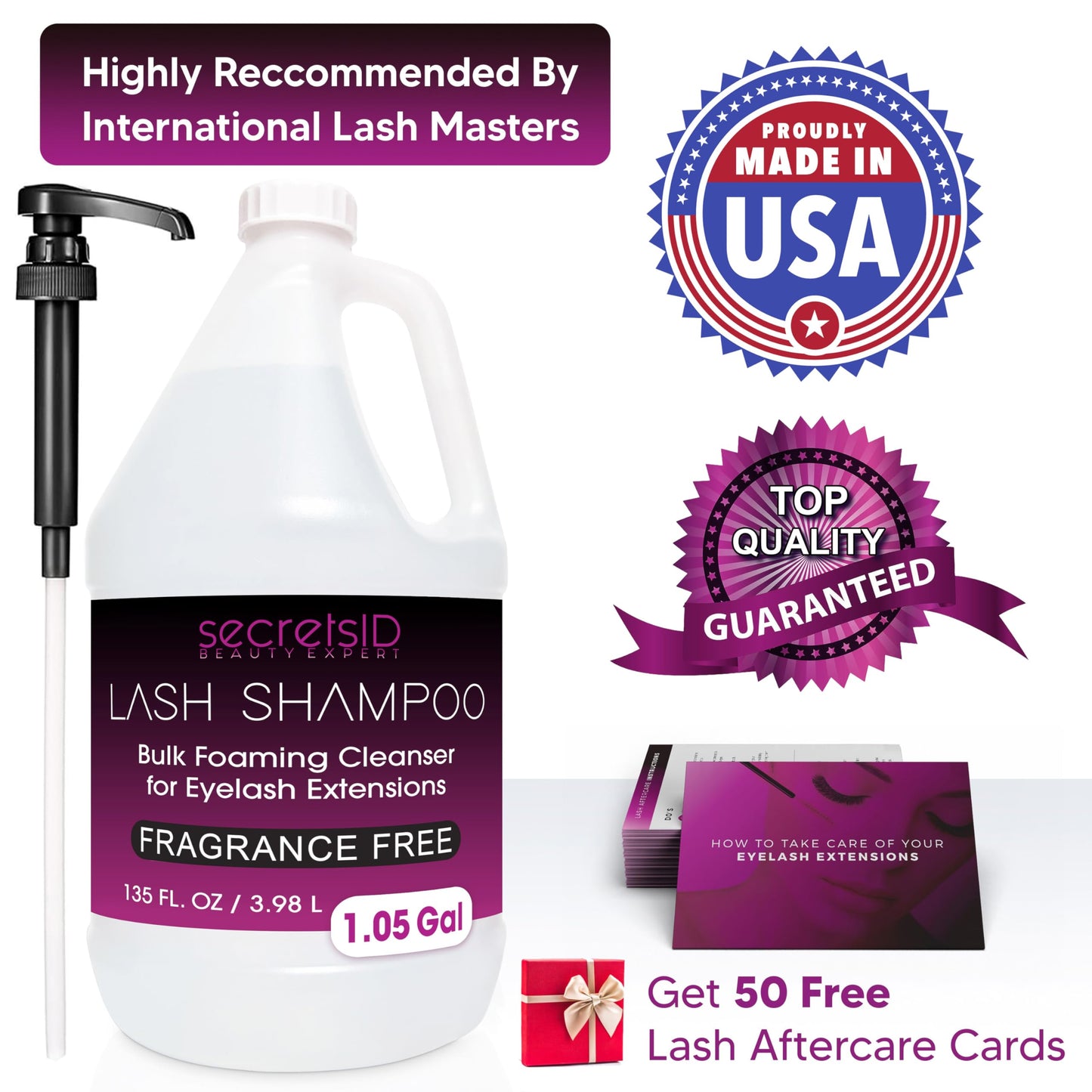 Professional Lash Shampoo for Eyelash Extensions Bulk 3.98L - 1.05 Gallon with 50 Aftercare Cards - Premium Made in North-America Eyelid Foaming Cleanser - Salon Lash and Brow Wash - Fragrance Free
