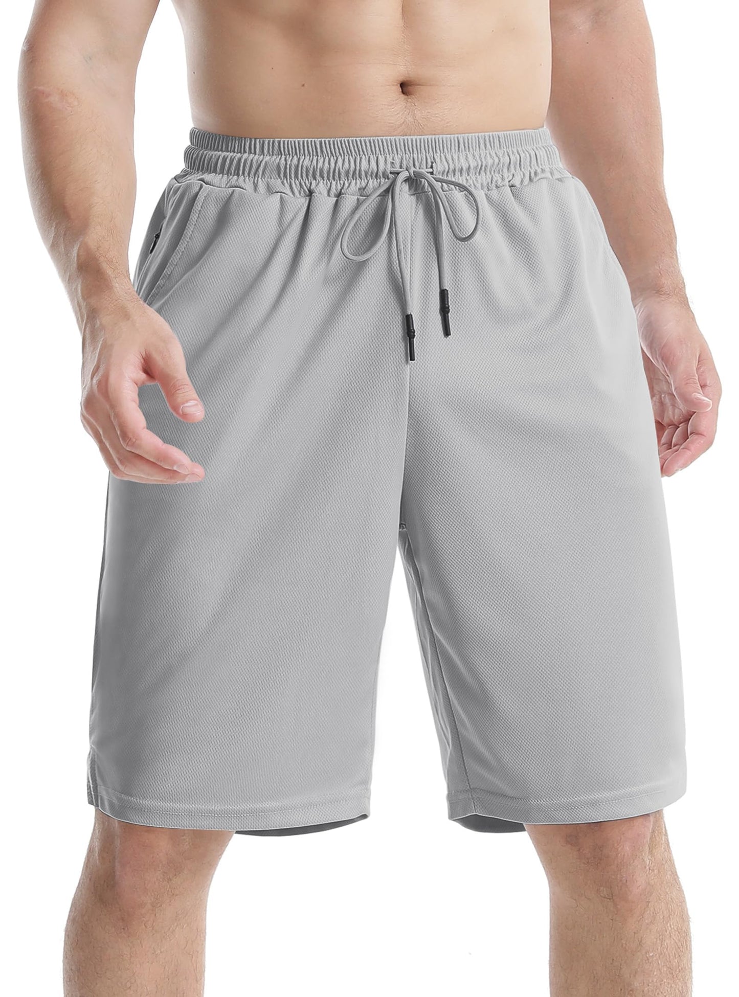 Aolesy Men's Athletic Shorts 10 inch Long Basketball Shorts Quick Dry Gym Workout Shorts with Zipper Pockets Casual Sport Shorts Light Grey