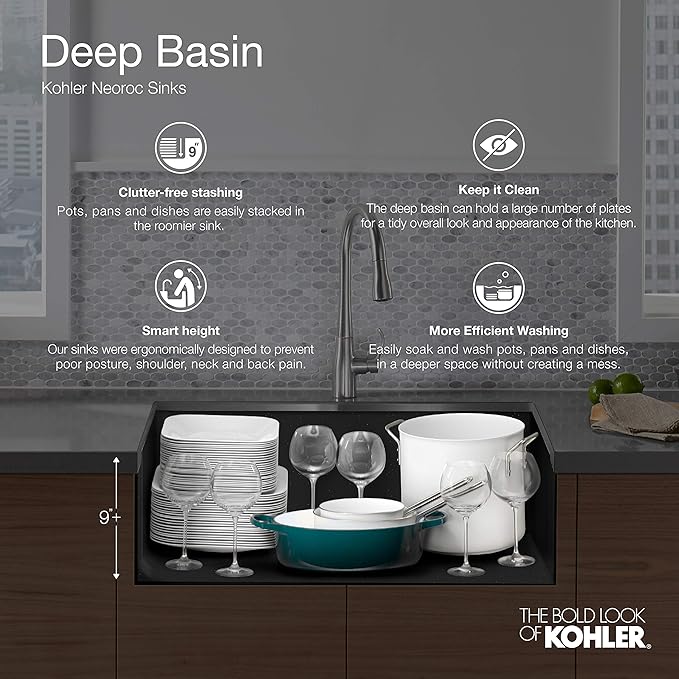 KOHLER K-28000-CM7 Cairn 27.5" Neoroc Composite Undermount Single-Bowl Kitchen Sink, Composite Kitchen Sink with Sink Rack, Matte Graphite