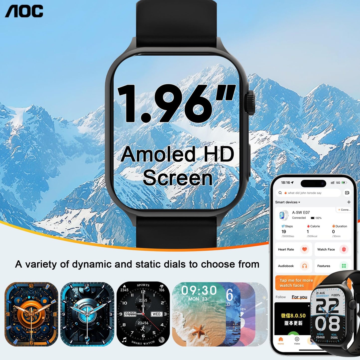AOC E07 Smartwatch 1.96 Amoled HD Touchscreen, Bluetooth Call, AI Voice Assistant, Heart Rate & Sleep Tracking Monitor, Fitness Watch, IP67 Waterproof 100+ Sports Modes for Men & Women Black