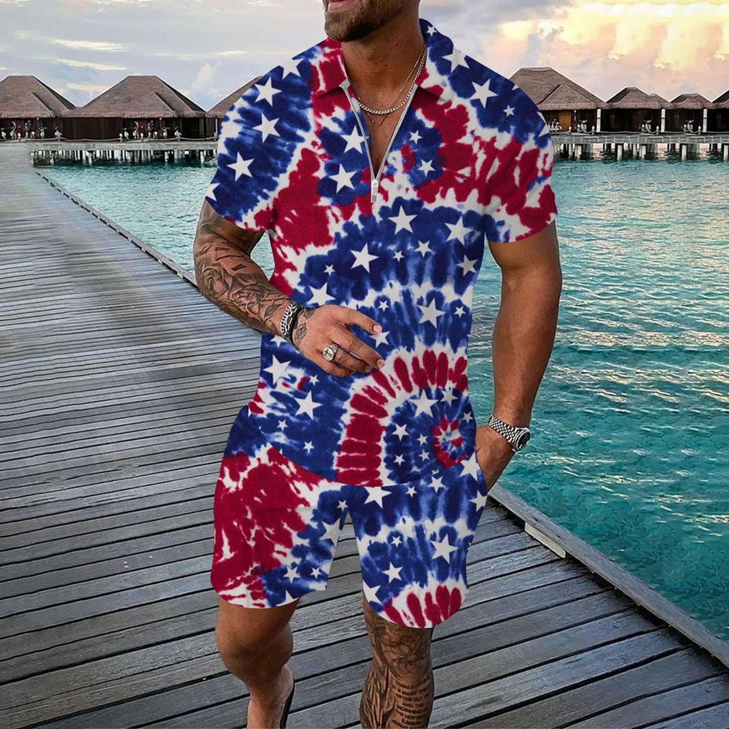 Generic Mens 2 Piece Outfits American Flag Polo Shirt Short Sleeve and Short Sets Fashion Summer Casual Tracksuit, X-Large, #E07-dark Blue