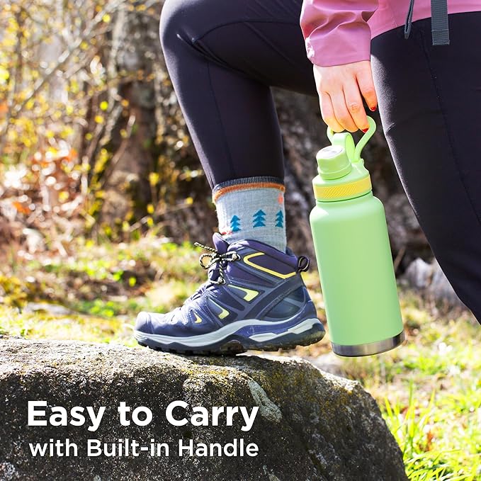 ThermoProof Double Walled Vacuum Insulated Stainless Steel Water Bottle - 32oz, Straw Lid & Spout Lid - Leak Proof - Gym, Hiking Bottles for Men, Women & Kids - Hot & Cold (Navy 32oz)