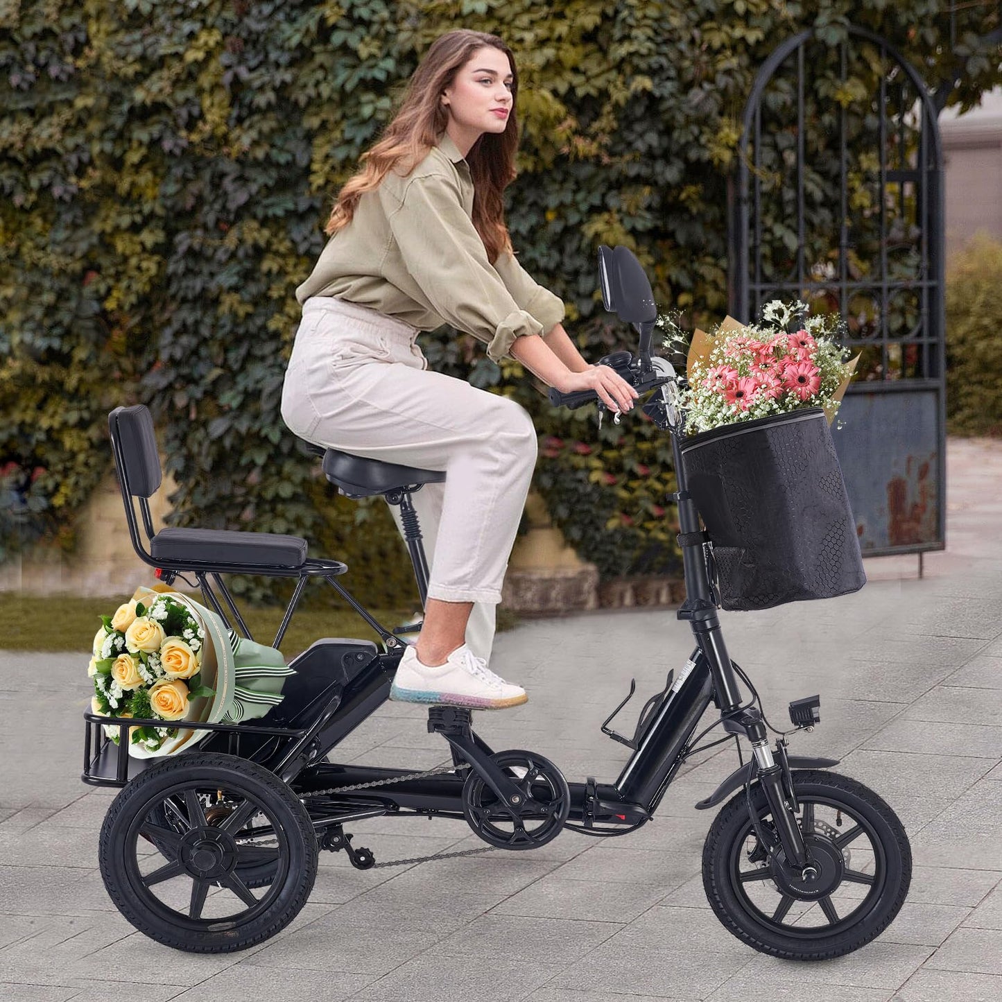 Electric Tricycle for Adults Foldable, 350W(Peak 500W) Folding Electric Trike, 3 Wheel Bikes for Adults with 480Wh Removable Battery, Trike Ebike with 2 Seats and Large Basket for Seniors Women Black
