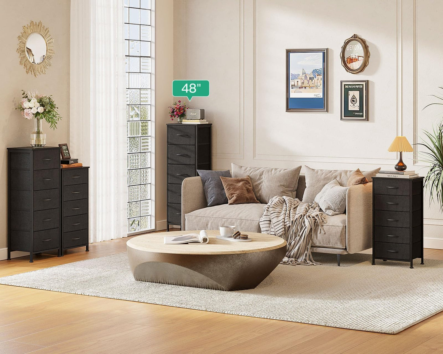 AODK Dresser for Bedroom with 5 Storage Drawers, 48" Tall Dresser Chest of Drawers Fabric Dressers with Sturdy Steel Frame, Black