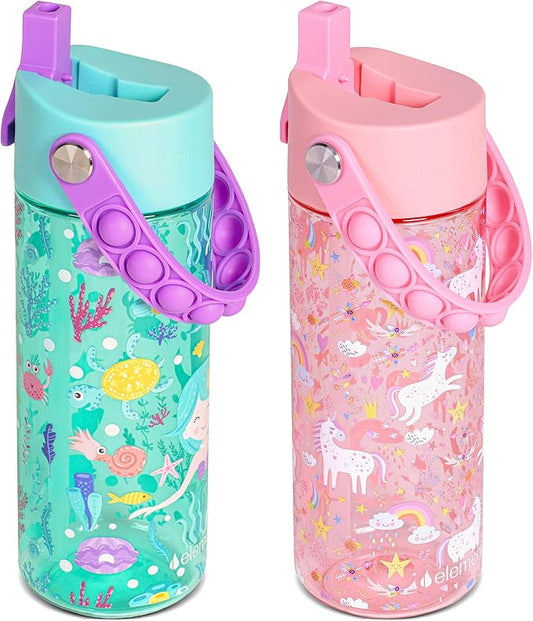 Elemental Leak Proof Water Bottles for Kids - Splash Kids Water Bottle for School with Fun Fidget Pop-it Handle - Tritan Plastic Water Bottle with Straw - Mermaid & Pink Unicorn - 18oz (2 Pack)