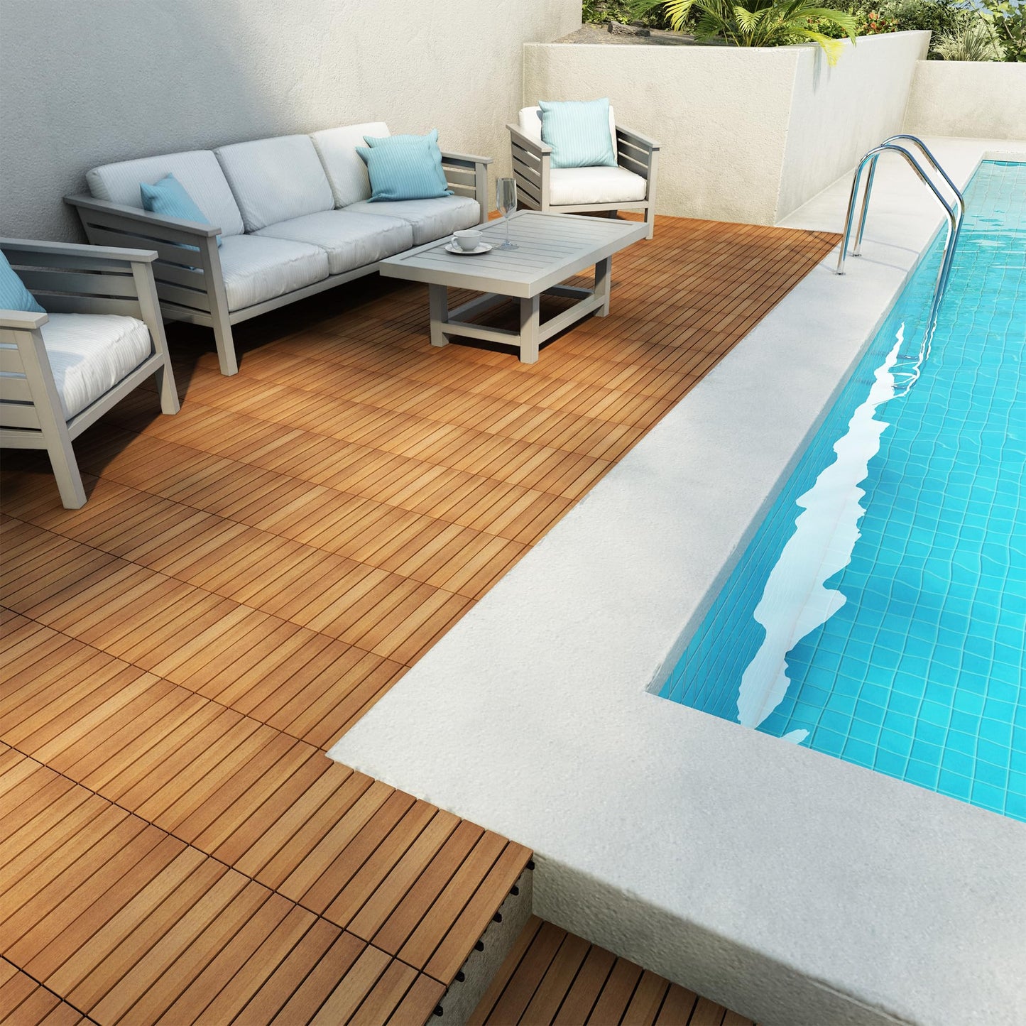 PrimeZone 297 PCS FSC Certified Acacia Wood Interlocking Deck Tiles - 12" x 12" Waterproof Indoor Outdoor Patio Flooring Decking Tiles for Balcony, Backyard & Poolside, All Weather Use, Natural Wood