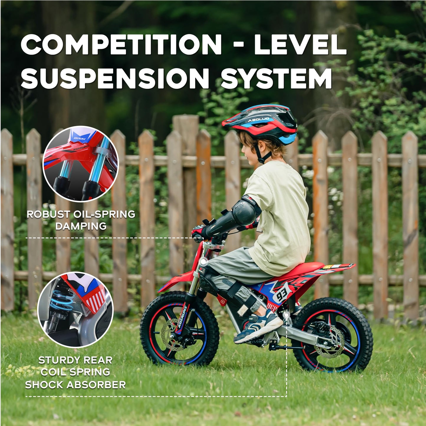AIII 36V Electric Dirt Bike for Kids 5-10, High Performance 350W Racing Grade Motorcycle, Up to 18.6MPH, 3 Speed Settings, 14-Inch Off-Road Tires, Dual Disc Brakes & Advanced Shock Absorption, Red