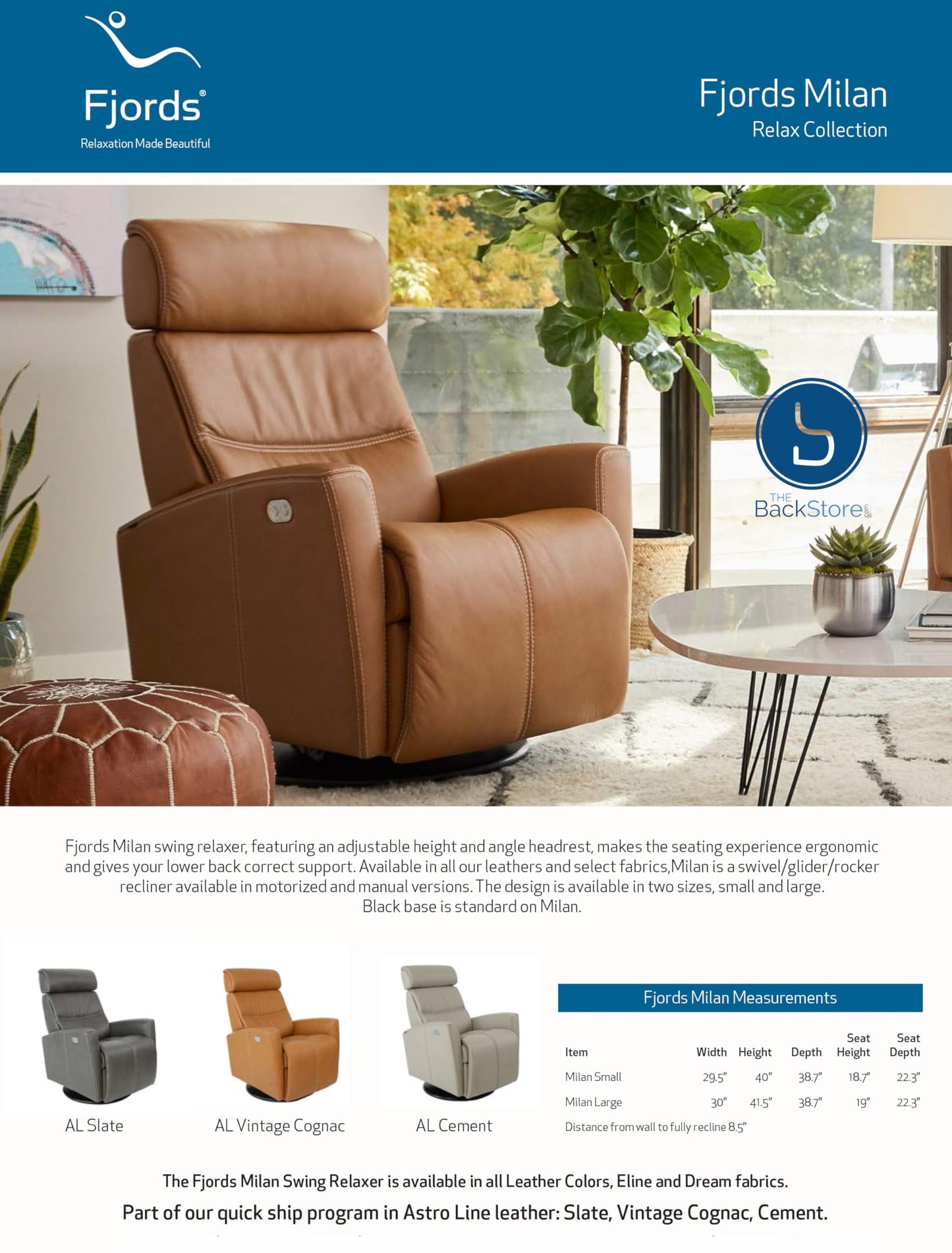 Fjords Milan Small Power Recline Swivel Swing Relaxer Recliner Chair in AL 545 Vintage Cognac Astro Line Leather