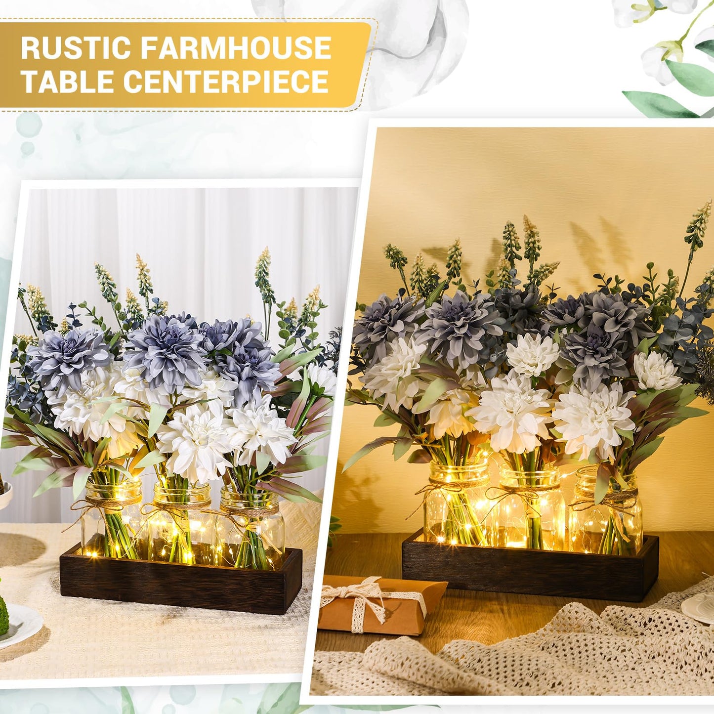 Baderke 3 Pcs Mason Jar Centerpiece Table Decorations, Fake Flowers Artificial Blue Flowers, Rustic Spring Centerpieces Decor with Wood Tray and Light, Table Decorations for Home Kitchen Living Room