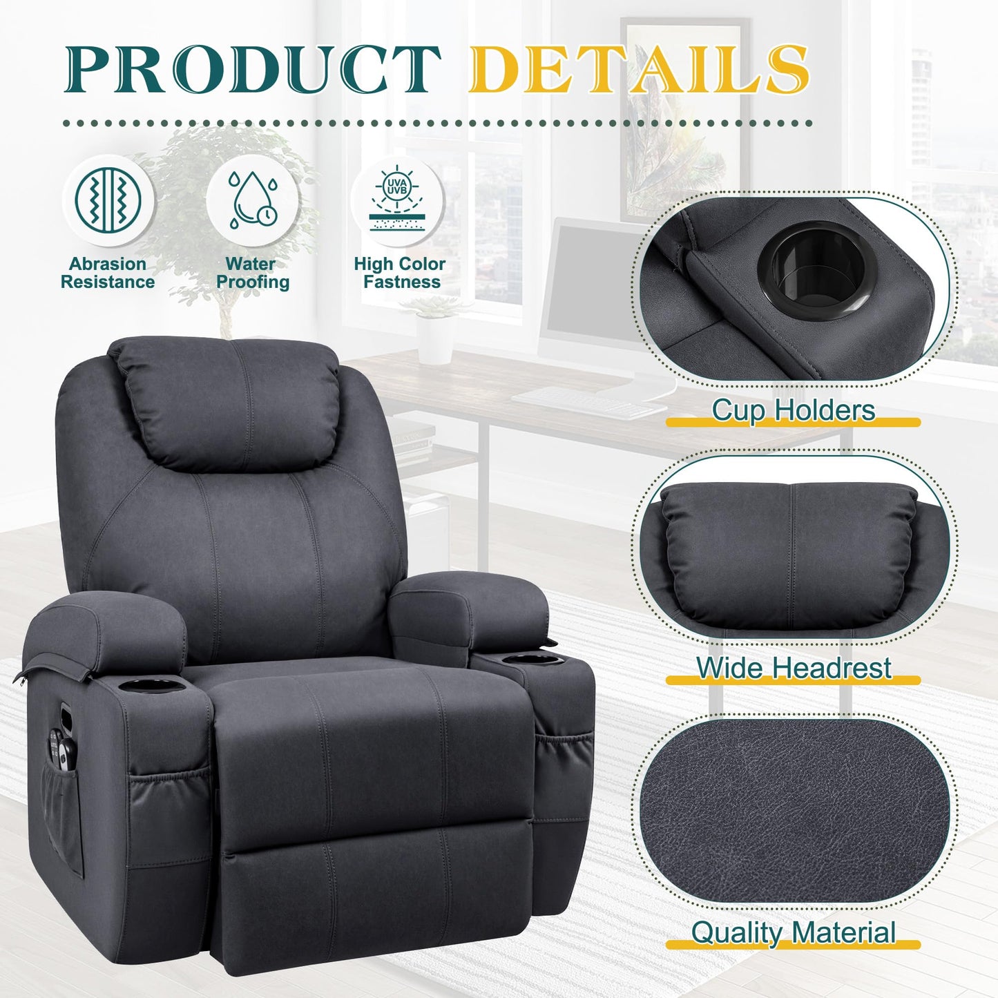 Flamaker Power Lift Recliner Chair with Massage for Elderly Ergonomic Lounge Chair Classic Single Sofa with 2 Cup Holders Side Pockets Home Theater Seat (Fabric, Navy Blue)