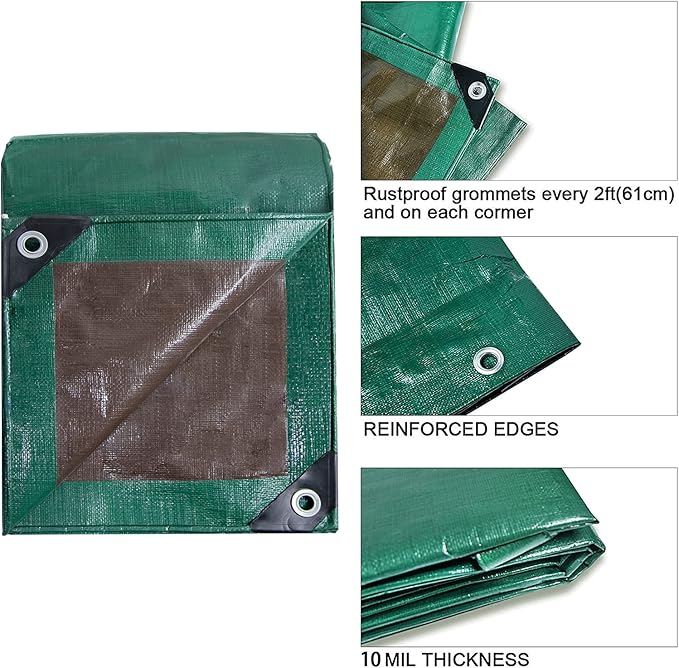 Heavy Duty 10 Mil Tarp Cover Waterproof UV Resistant Tarpaulin Used for Outdoor, Hunting, Camping, Backpacking, Canopy Tent, Ground Tarp, Cover Boat, Motorcycles, Roofs, Wood