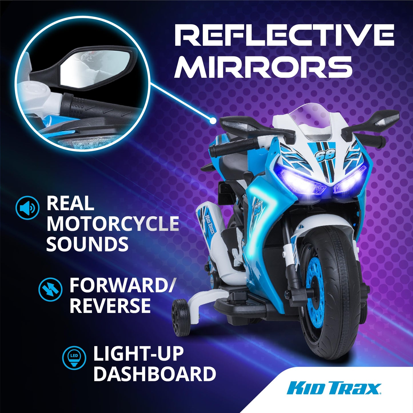 Kid Trax 6V Glow Electric Toddler Kids Motorcycle - Toddler Bike, Indoor/Outdoor Toys, Durable, LED Headlights and Body Light, Realistc Sounds, Kids Ride On Toys, Max Weight 65lbs, Ages 3-6, Blue
