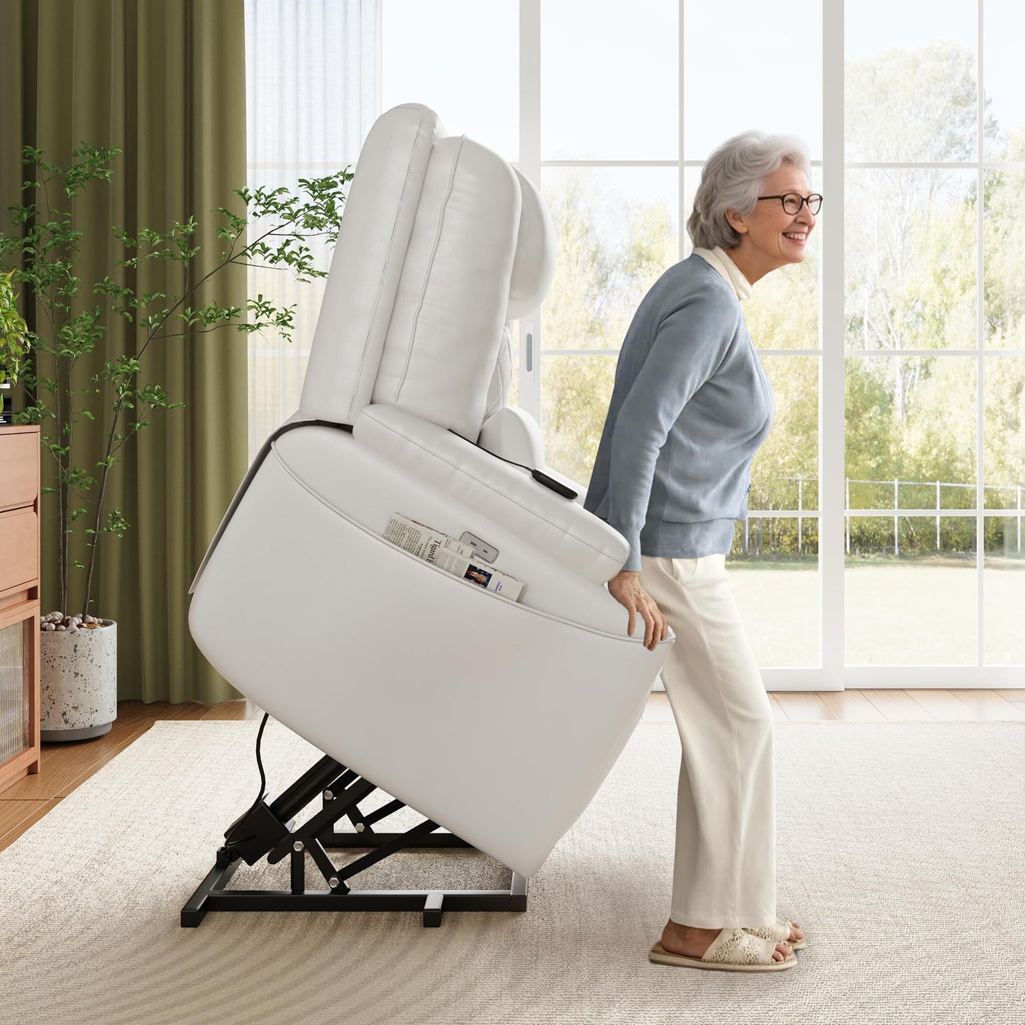 IDEALHOUSE Electric Power Lift Recliner Chair Sofa, Power Lift Chair for Elderly, 3 Positions, Side Pockets, and Cup Holders, USB Ports, Recliner Chair with Remote for Living Room, White