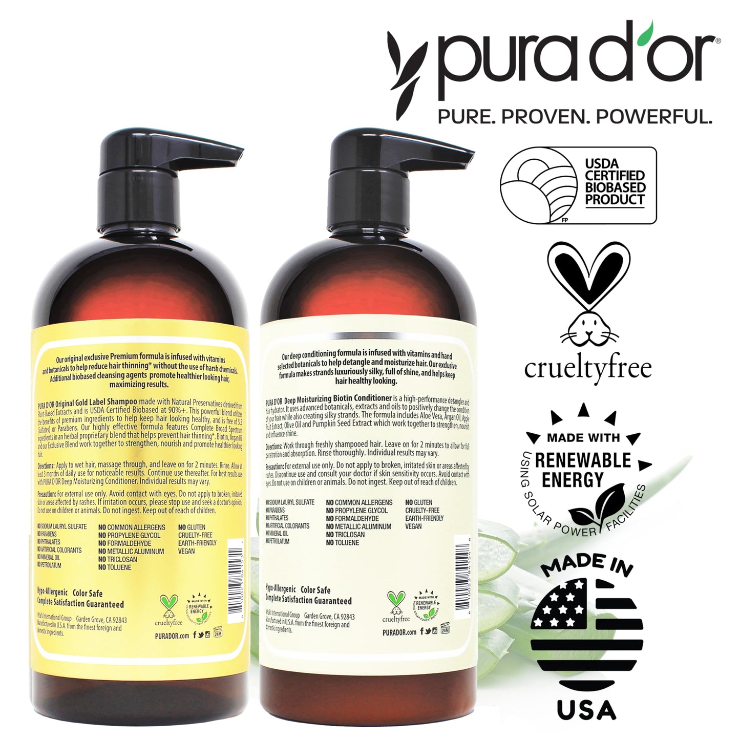 PURA D'OR Anti-Thinning Biotin Shampoo & Deep Moisturizing Conditioner Original Gold Label Set (24oz x2) Natural Earthy Scent, CLINICALLY TESTED Effective Results, DHT Blocker Thickening, Women & Men