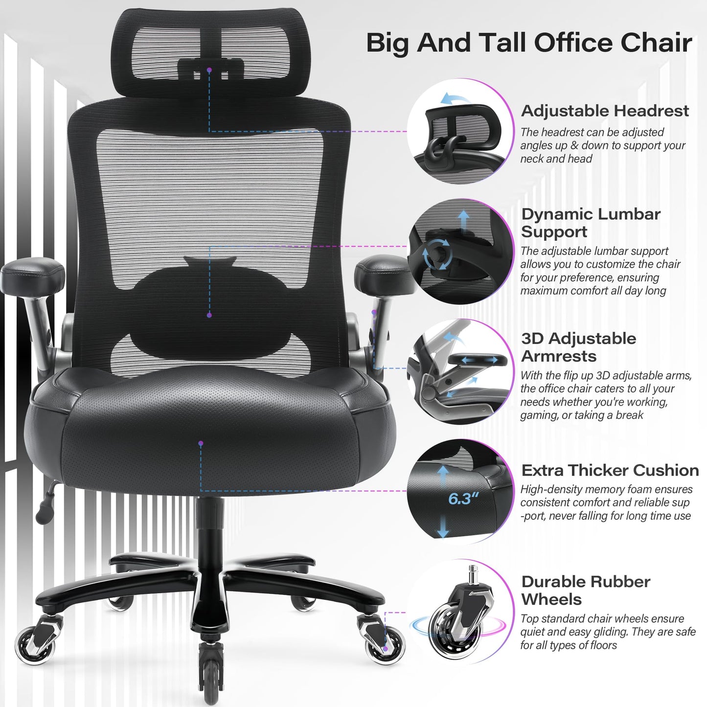 Big and Tall Office Chair 600lbs with 3D Flip Arms Adjustable Headrest - Heavy Duty Large Wheels Executive Computer Desk Chair, Ergonomic Lumbar Support Mesh High Back Plus Size Chair for Adults
