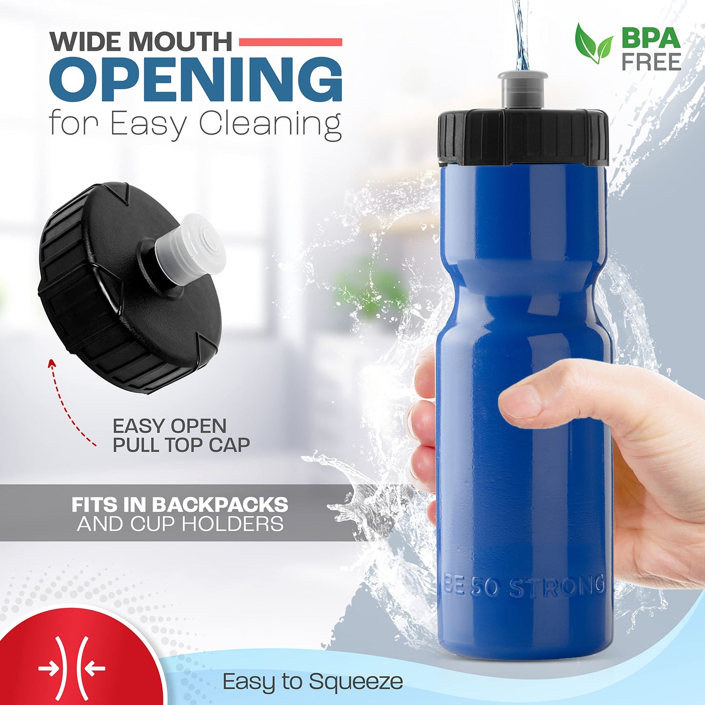 50 Strong Sports Squeeze Water Bottle 2 Pack – 22 oz. BPA Free Easy Open Push/Pull Cap – USA Made (Blue/Black)