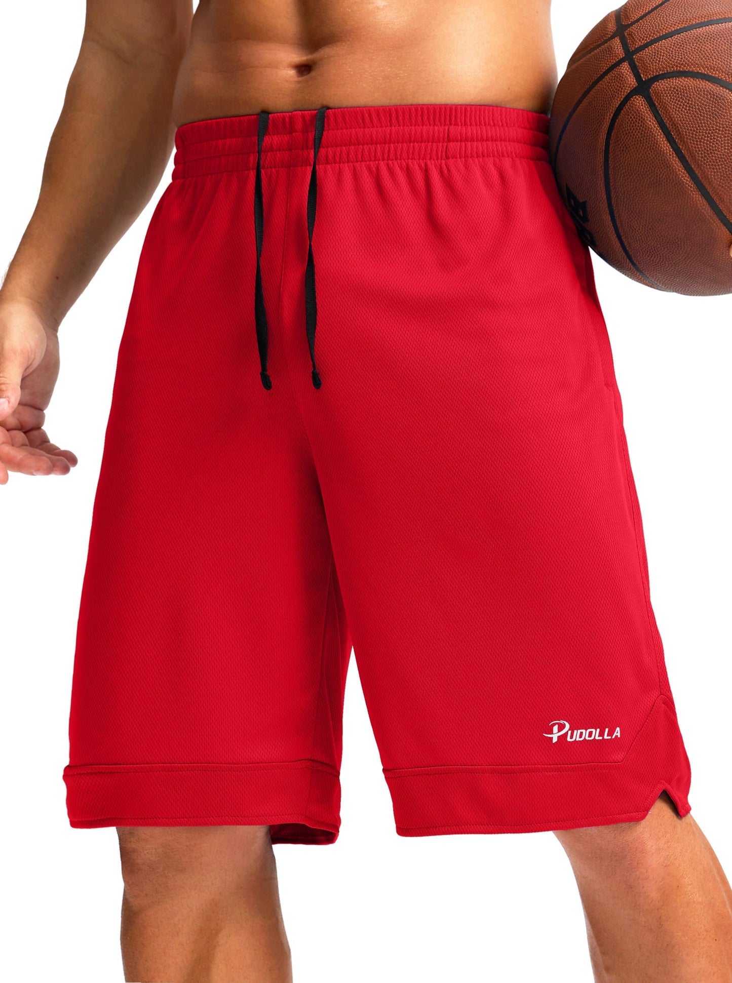 Pudolla Men's Basketball Shorts with Zipper Pockets 11" Long Gym Athletic Shorts for Men Lightweight Quick Dry(red large)