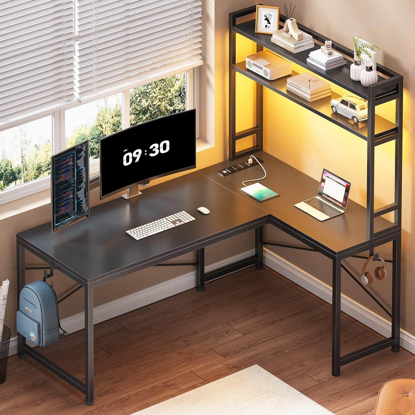 SEDETA L Shaped Gaming Desk, Reversible 45.3” Small Corner Desk with Power Outlet and LED Lights, Corner Gaming Desk with Storage Shelves, Hooks for Small Space, Black