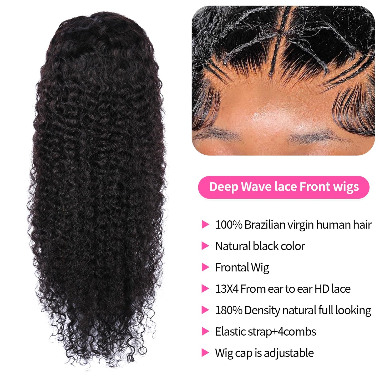 Anderah Deep Wave Lace Front Wig Human Hair 13x4 Curly Lace Frontal Wigs Human Hair for Black Women Pre Plucked with Baby Hair 180% Density Glueless Human Hair Wigs Natural Black (24 Inch)