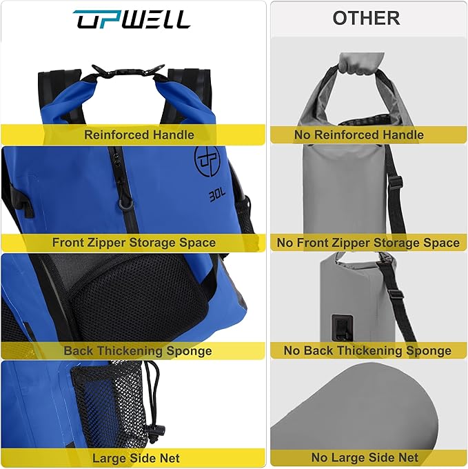 UPWELL 31L Waterproof Dry Bag Boating Backpack for Travel Hiking Camping Kayaking Hiking Swimming Floating Submersible Dry Bag blue