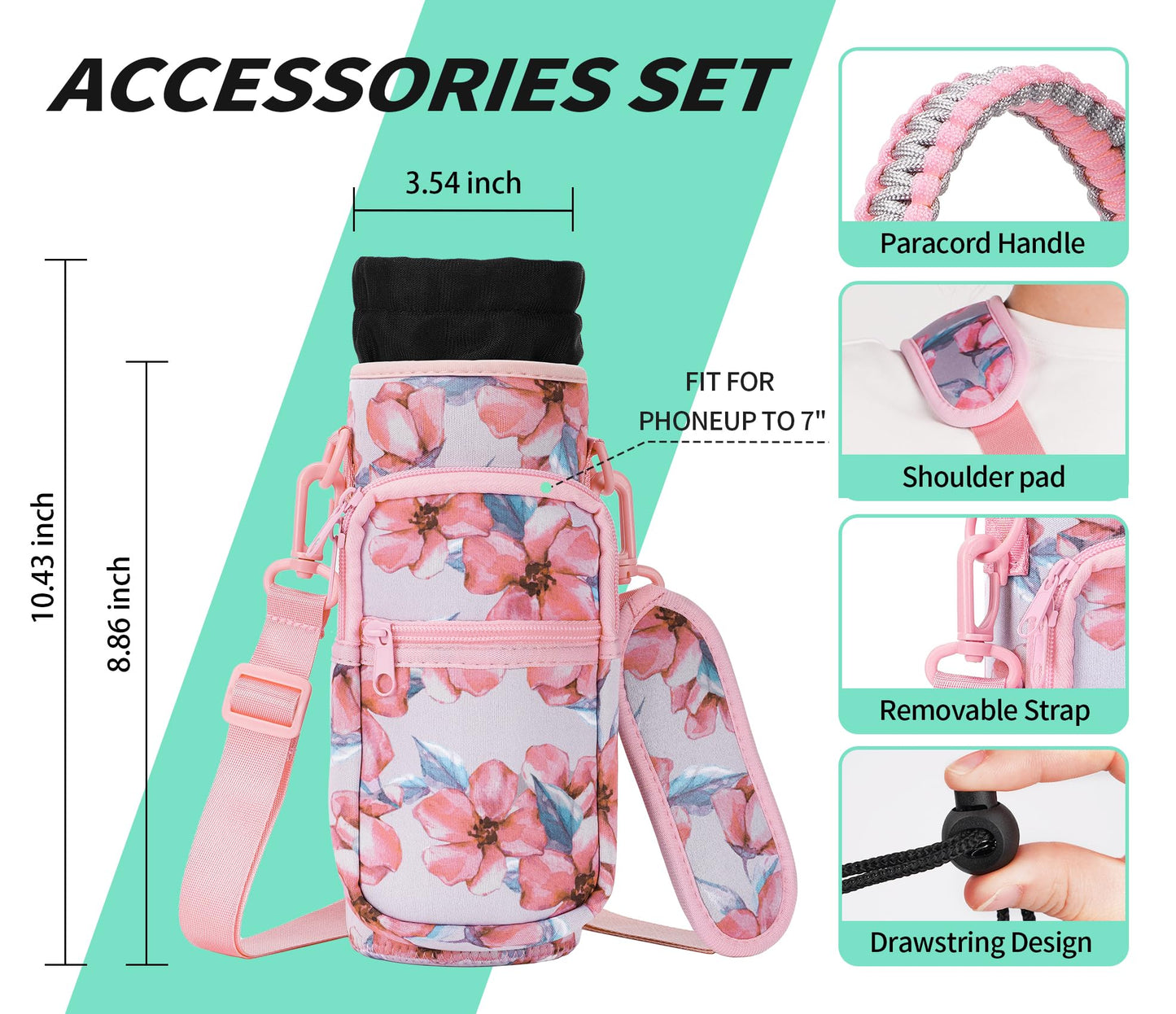 AceTreker Water Bottle Holder with Strap 32oz 40oz Metal Water Bottle Sleeve with 4 Pocket Sport Water Flask Carrier Sling Bag with Paracord Handle for Gym Walking Hiking-Pink Flowers