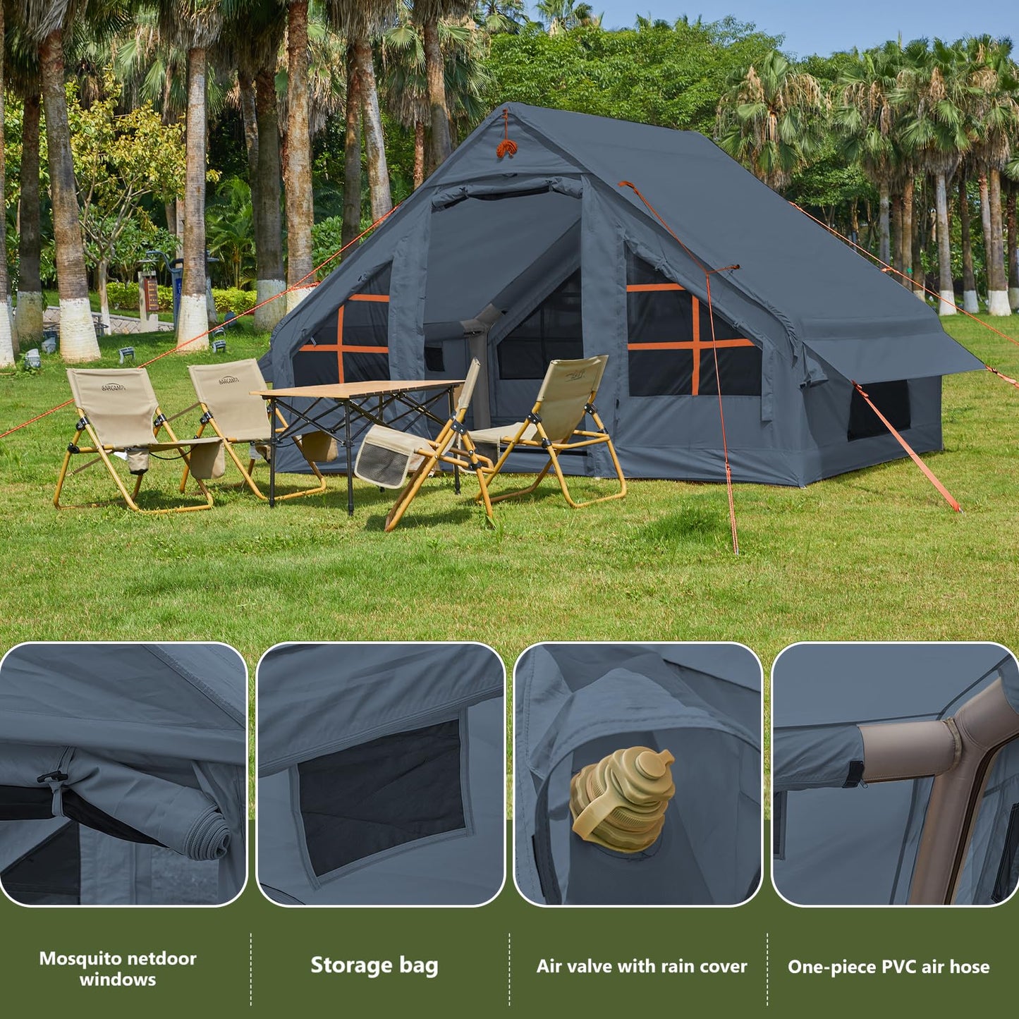 Inflatable Tent with Pump, 4-6 Person Glamping Camping Tents House, Easy Setup Blow Up Family Tents for 4 Seasons Waterproof Inflatable Tent for Camping with Mesh Windows.