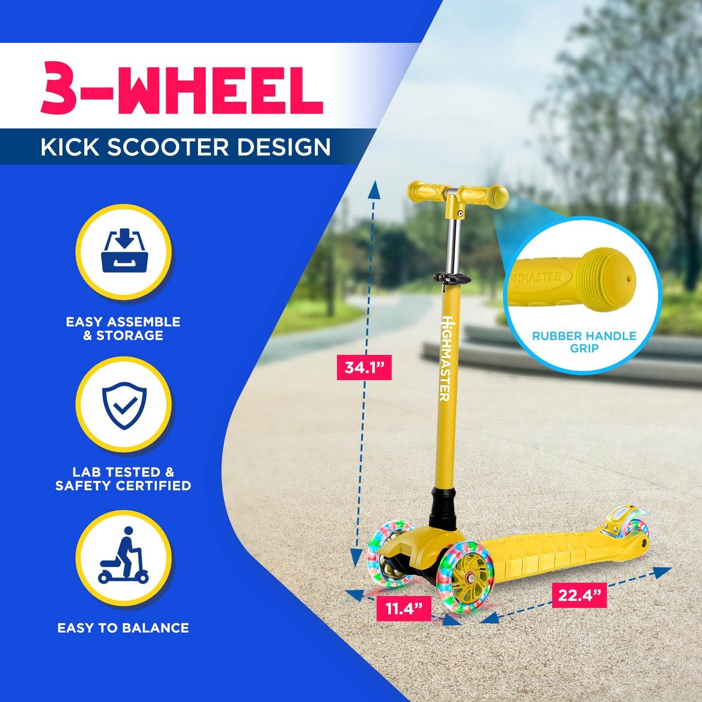 HighMaster Kids Scooter – 3 Wheel Kick Scooter for Children and Toddlers – Adjustable Handlebar with LED Wheel Lights – Indoor and Outdoor Fun (Yellow)