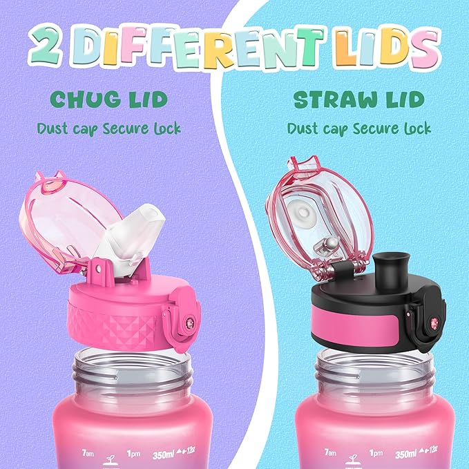 OLDLEY Kids Water Bottle for School, 12 oz (2 lids) BPA-Free Reusable Leak-proof Durable Tritan Plastic Water Bottles with Straw & Chug Lids, Anti-dust Spout Cover (Sunset Glow)