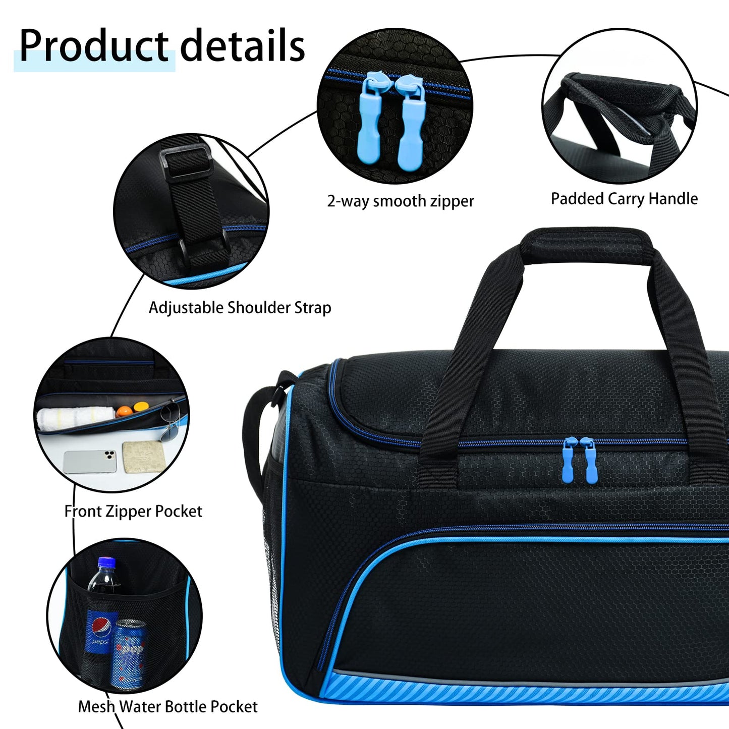 Uarition Mens Gym Bag 21 inch Large Overnight Weekender Duffle Bag for Travel Sport-Blue/Black